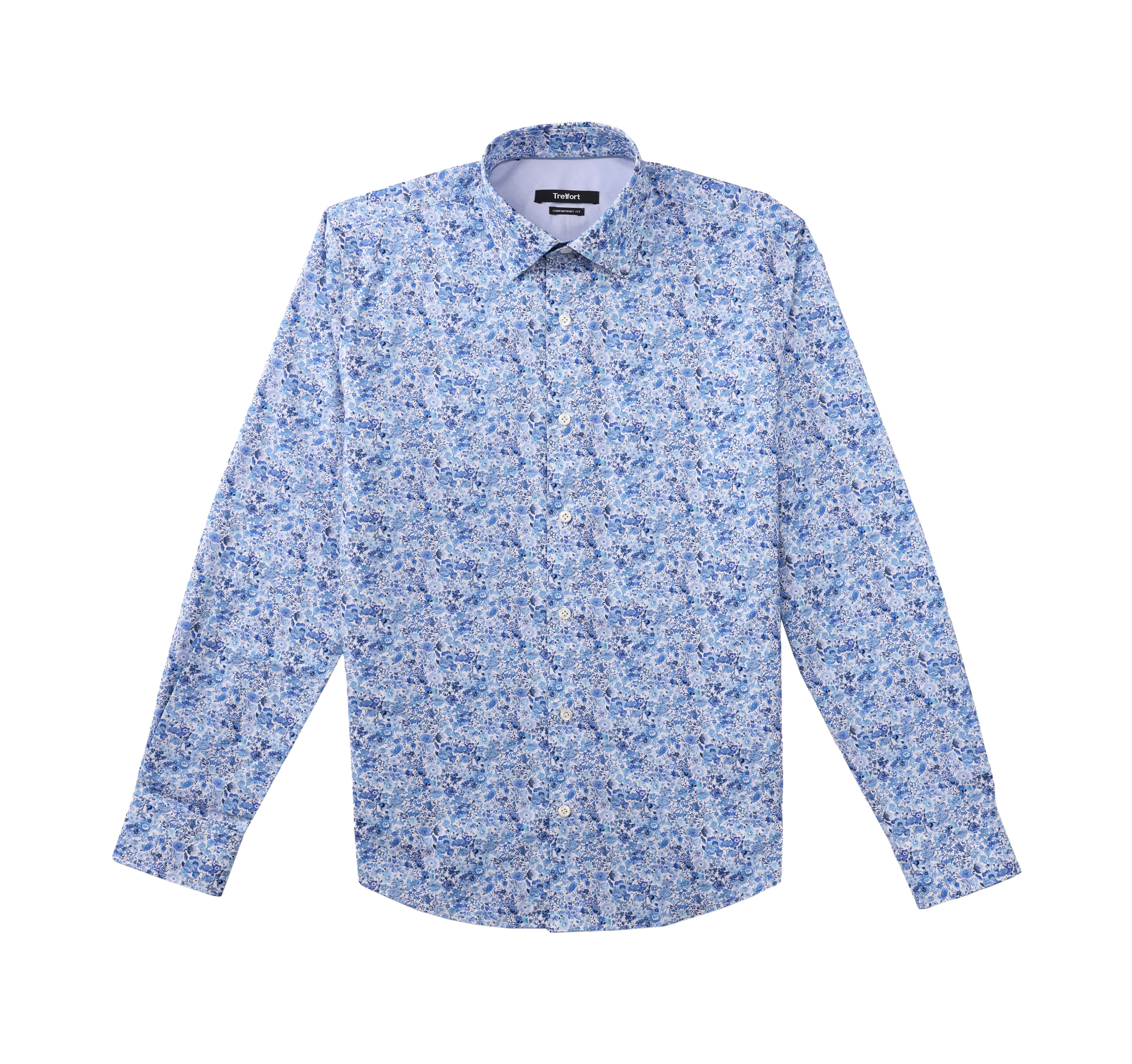 Luxury Cotton  Contemporary Fit Floral Print Design Treffort  Mens Shirt in Blue