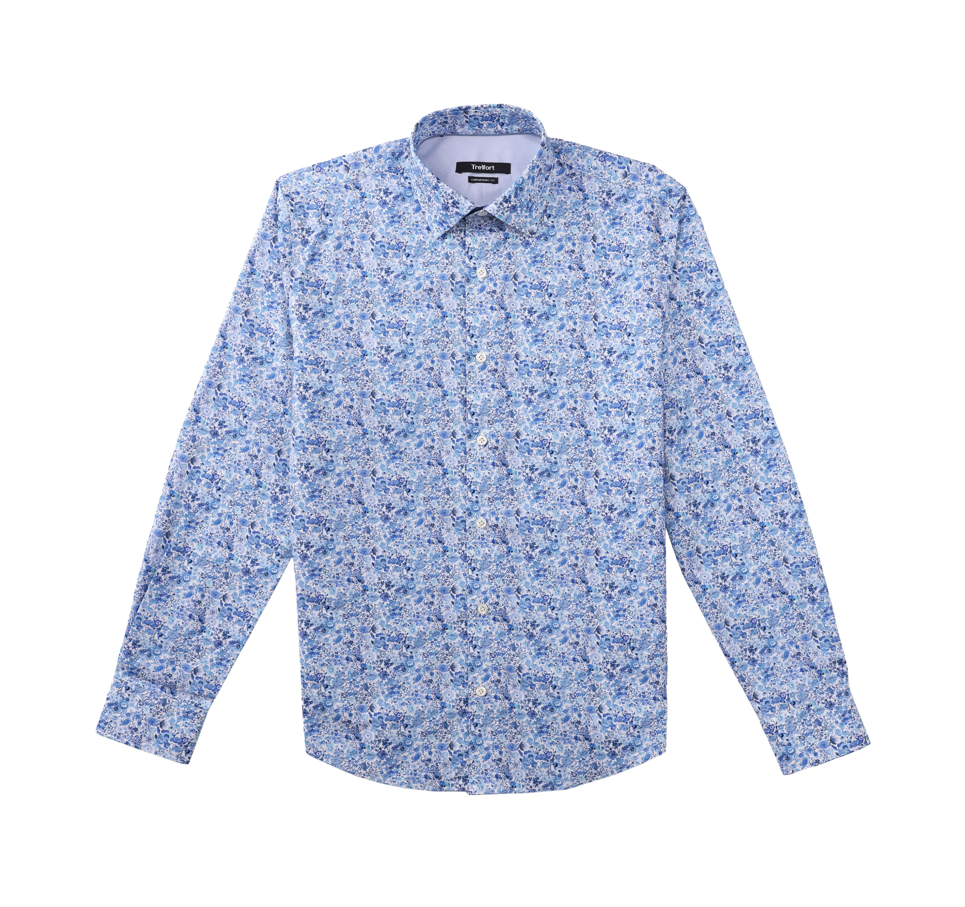 Luxury Cotton  Contemporary Fit Floral Print Design Treffort  Mens Shirt in Blue 