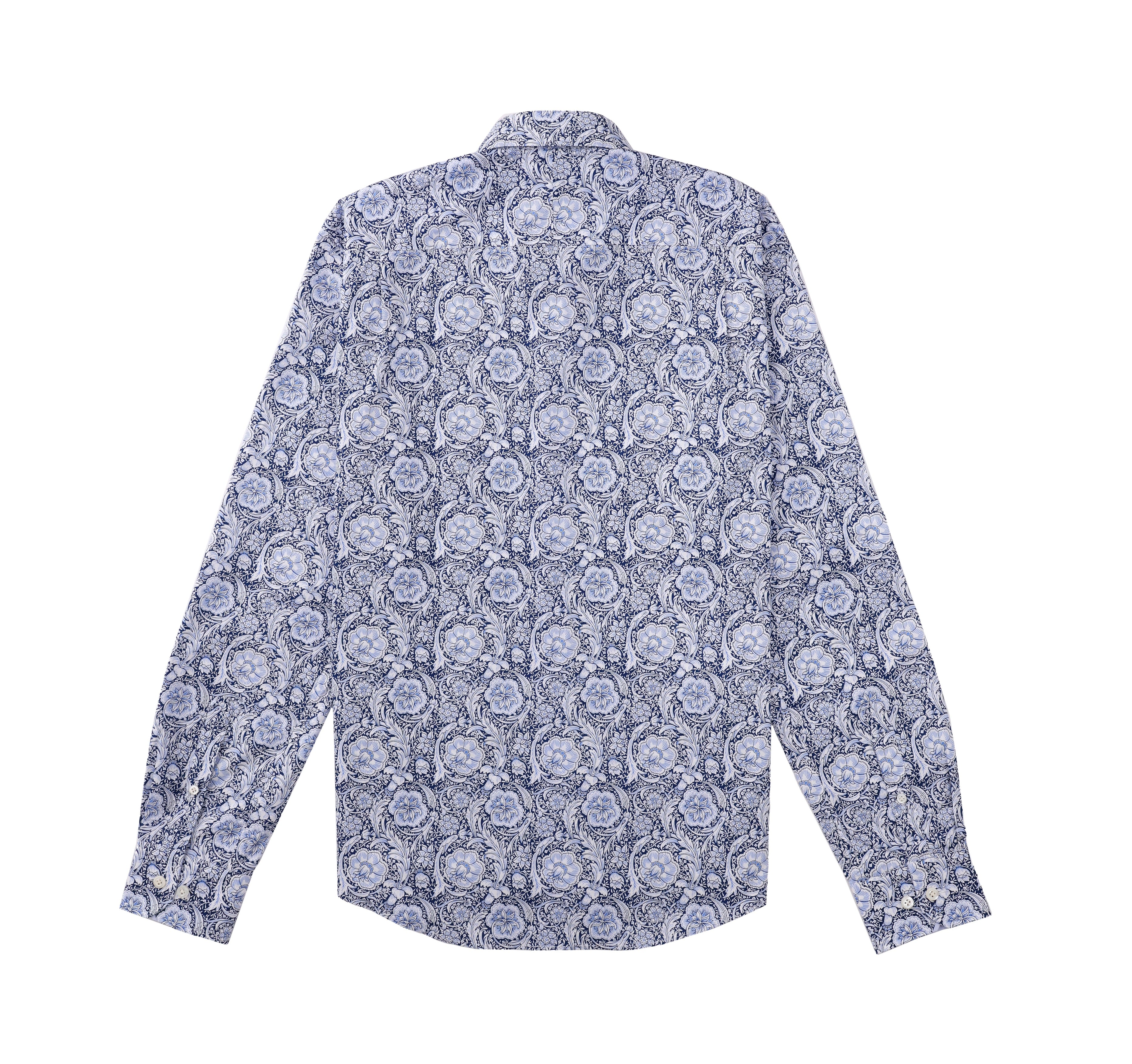 Luxury Cotton Contemporary Fit Victorian Floral Print Design Treffort Mens Shirt in Blue-Black