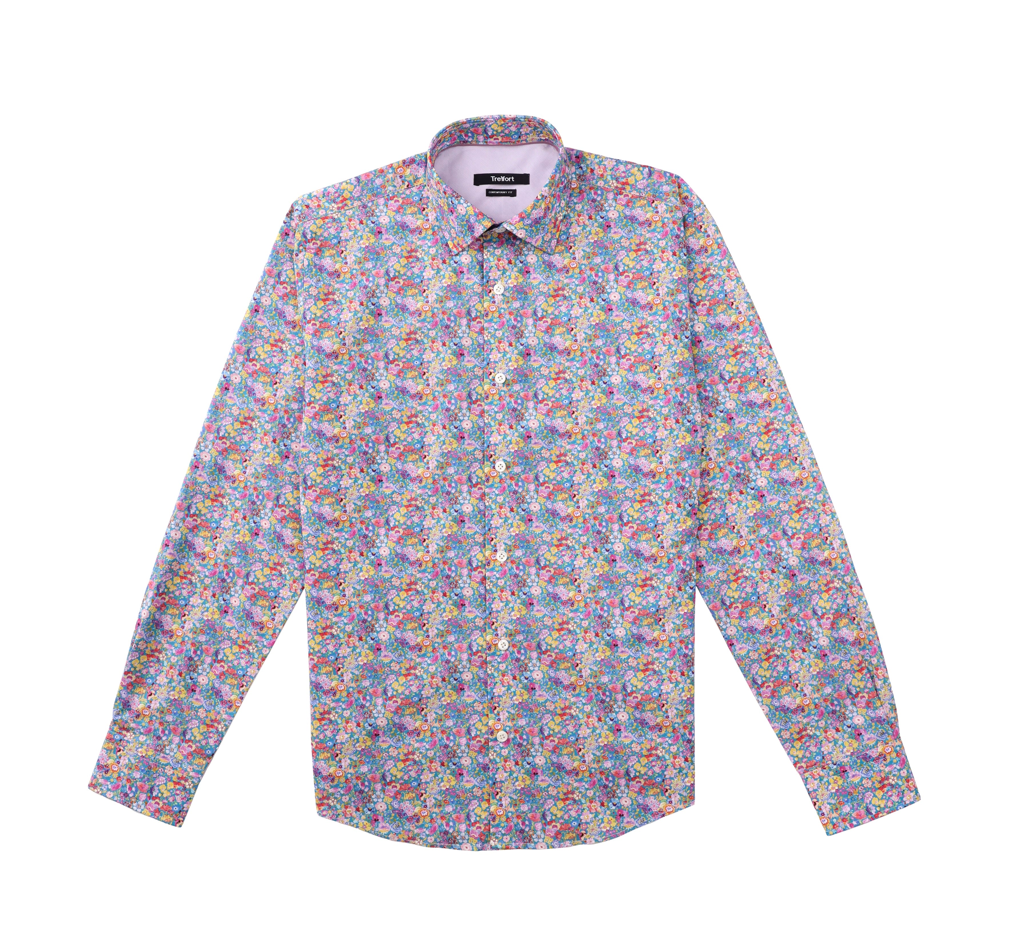 Luxury Cotton  Contemporary Fit Floral Print Design Treffort  Mens Shirt in Multicolor