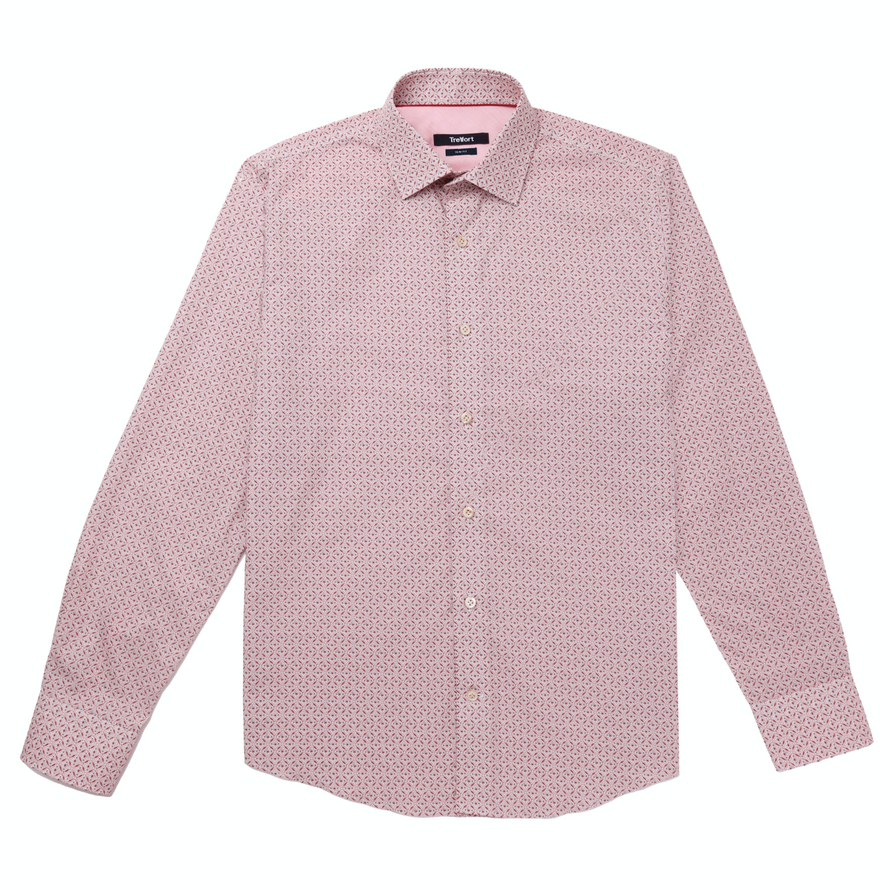 MODEL WEARING ASTOR SHIRT(RED)LUXURY ART DECO PRINT HIGH-END SHIRT Contemporary Fit 100% COTTON