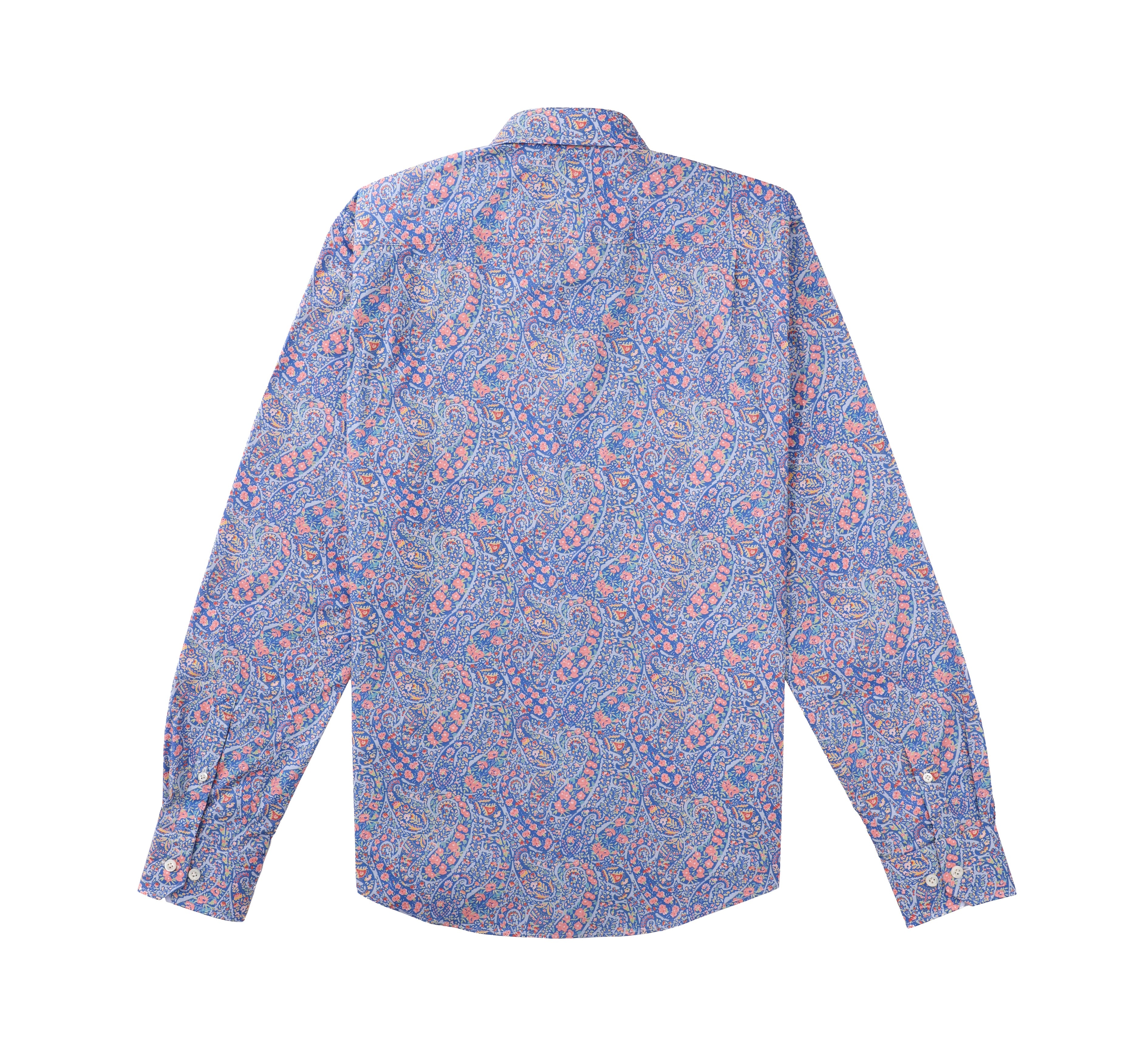 Luxury Cotton Contemporary Fit Paisley-Floral Print Design Treffort Mens Shirt in Blue-Pink