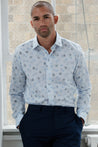 DOWNING WHITE PRINT BUTTON DOWN DRESS SHIRT - CASUAL /FORMAL EVENT - MODEL A WEARING SHIRT