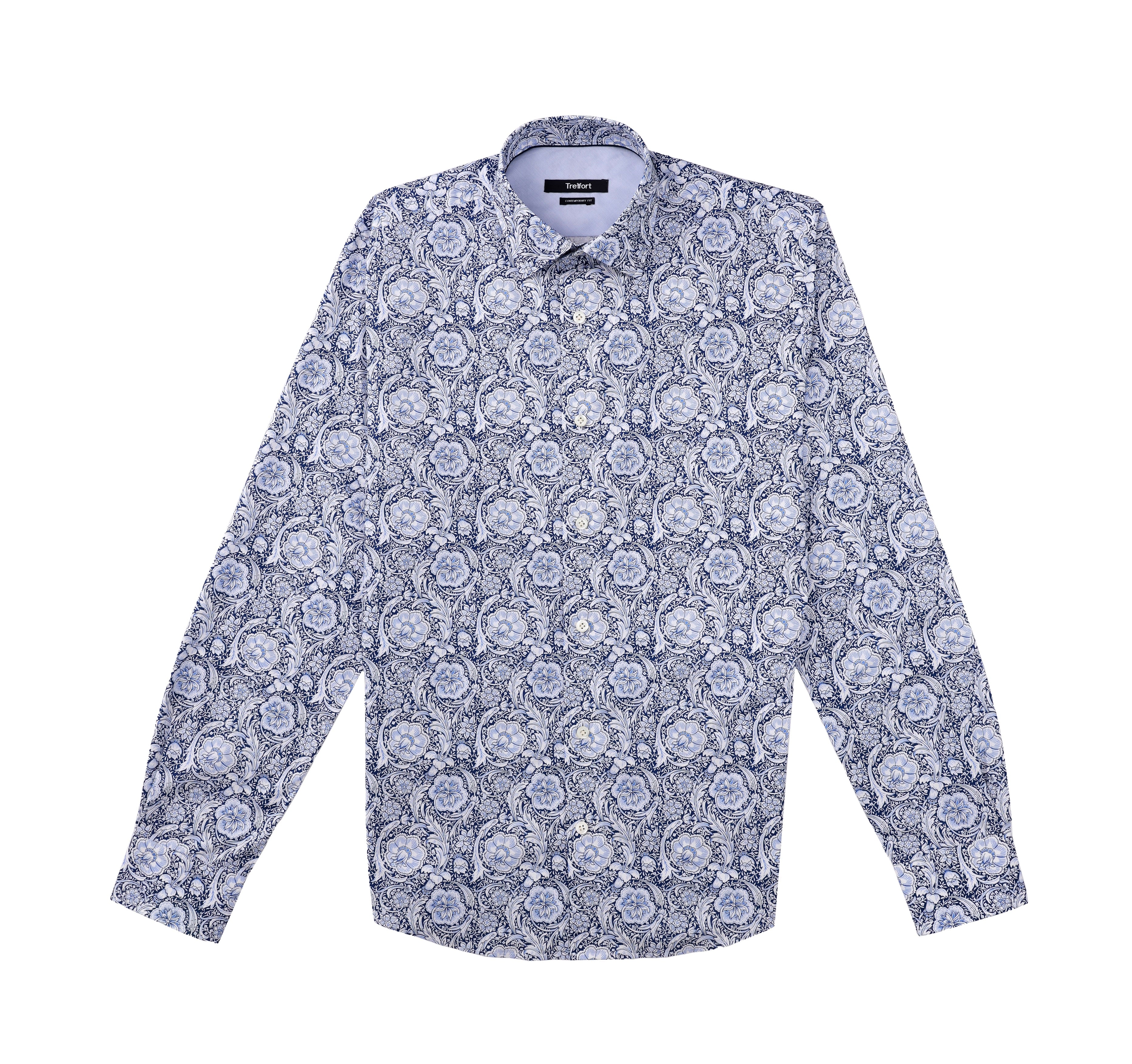 Luxury Cotton  Contemporary Fit Victorian Floral Print Design Treffort  Mens Shirt in Blue-Black