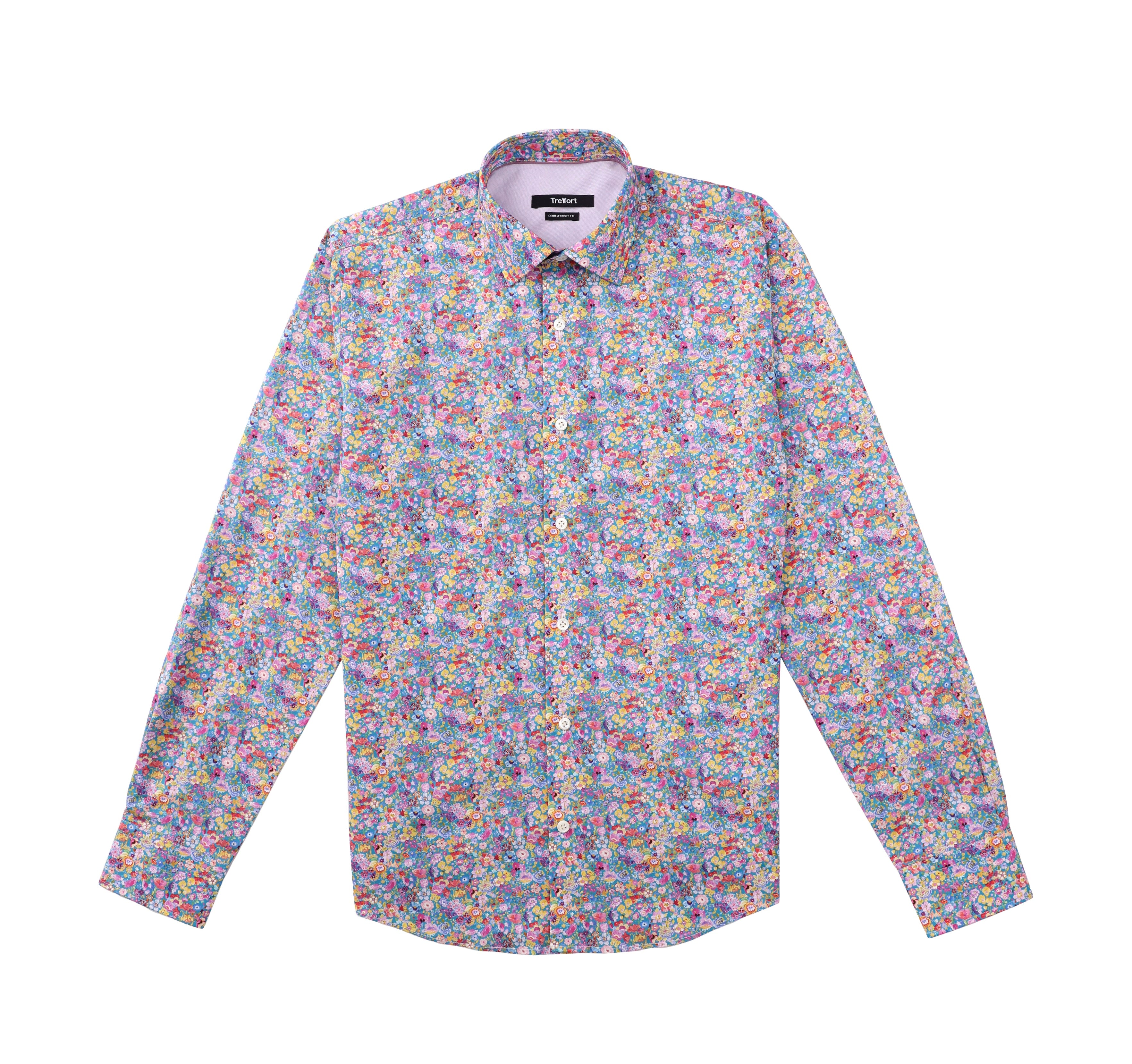 Luxury Cotton  Contemporary Fit Floral Print Design Treffort  Mens Shirt in Multicolor 