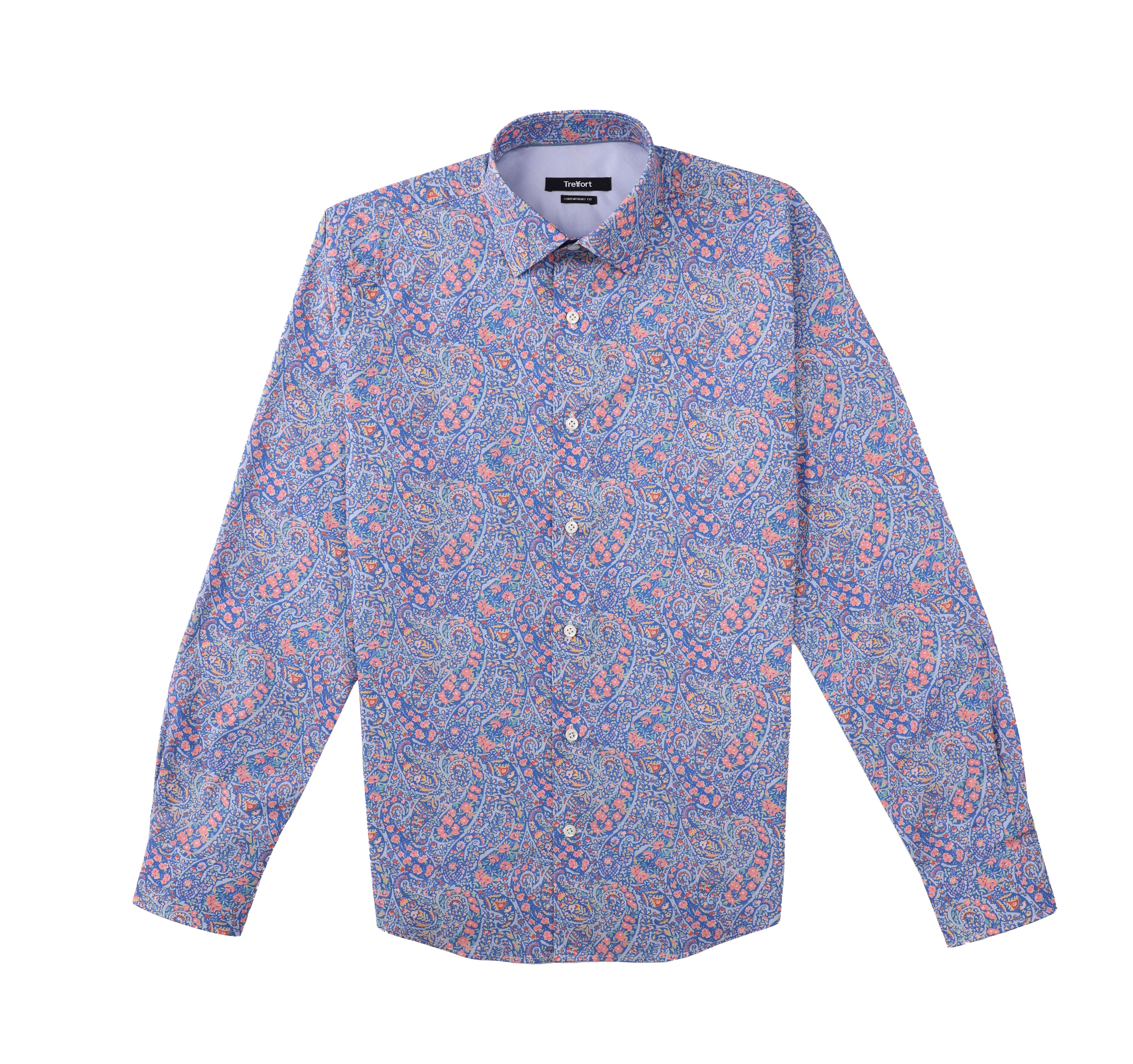 Luxury Cotton Contemporary Fit Paisley-Floral Print Design Treffort  Mens Shirt in Blue-Pink