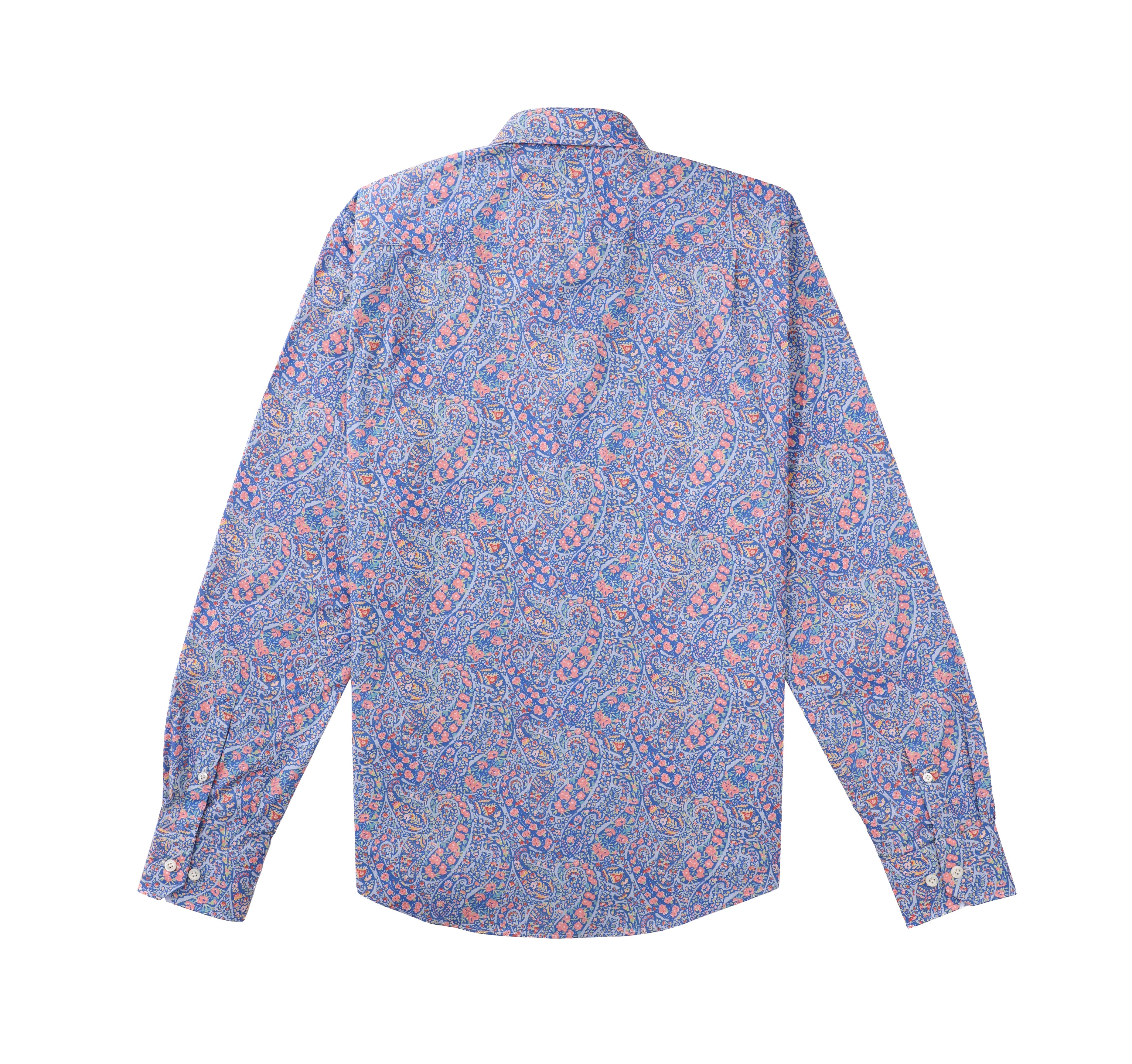 Luxury Cotton Contemporary Fit Paisley-Floral Print Design Treffort  Mens Shirt in Blue-Pink