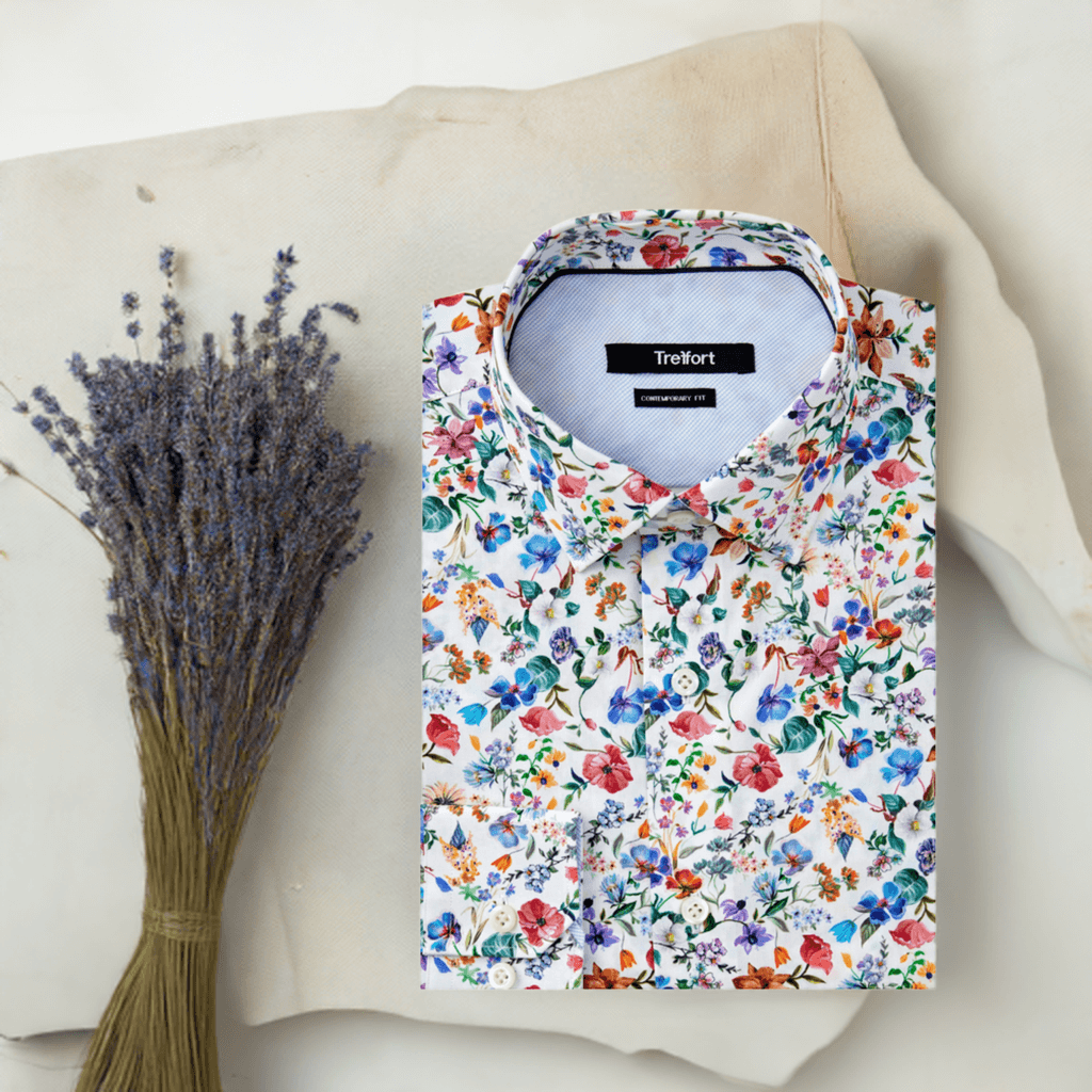 Cabrini Luxury Men's Floral Dress Shirt – Multicolor by Treffort, made from premium long-staple cotton, perfect for summer events.