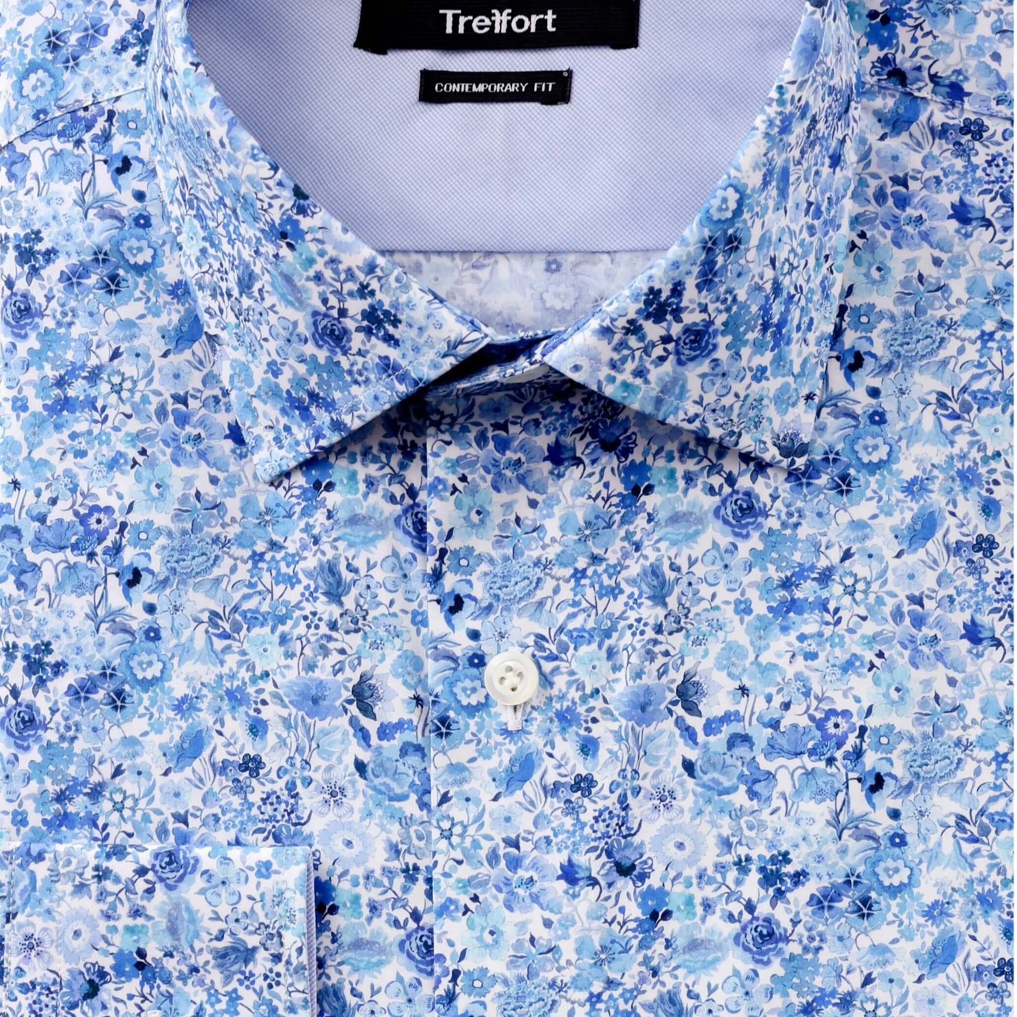 Close-up of Charles Luxury Men's Floral Dress Shirt – White/Blue | Treffort, featuring premium cotton with white and blue floral print.