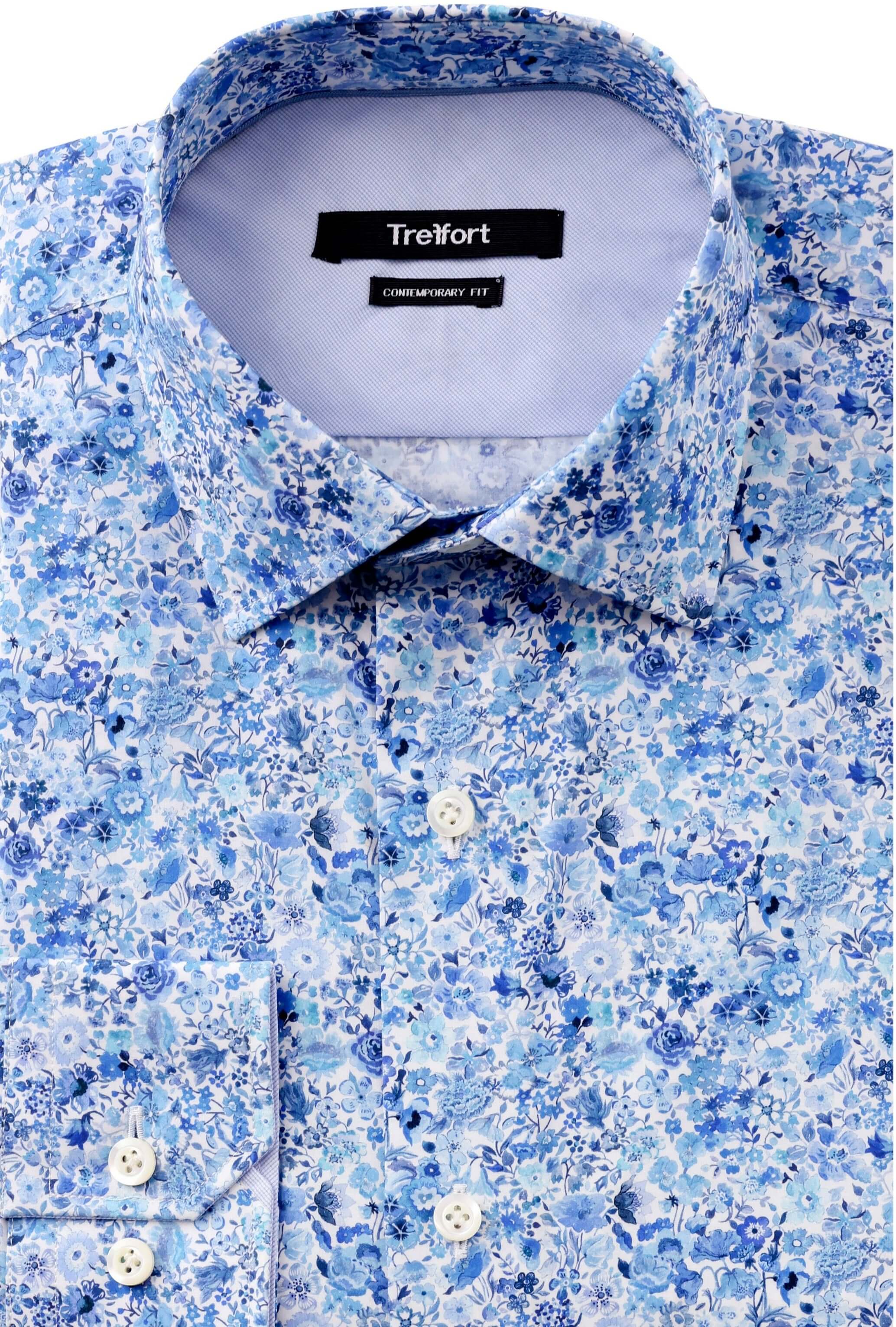 Close-up of Charles Luxury Men's Floral Dress Shirt – White/Blue | Treffort, featuring premium cotton with white and blue floral print.