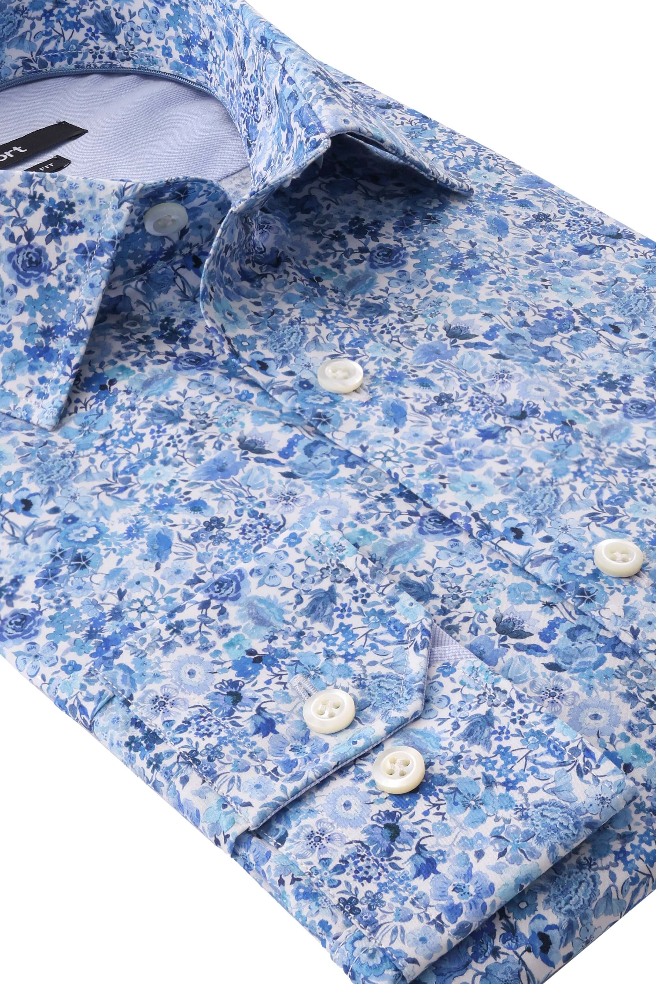 Charles Luxury Men's Floral Dress Shirt – White/Blue | Treffort, folded with white and blue floral print on premium cotton