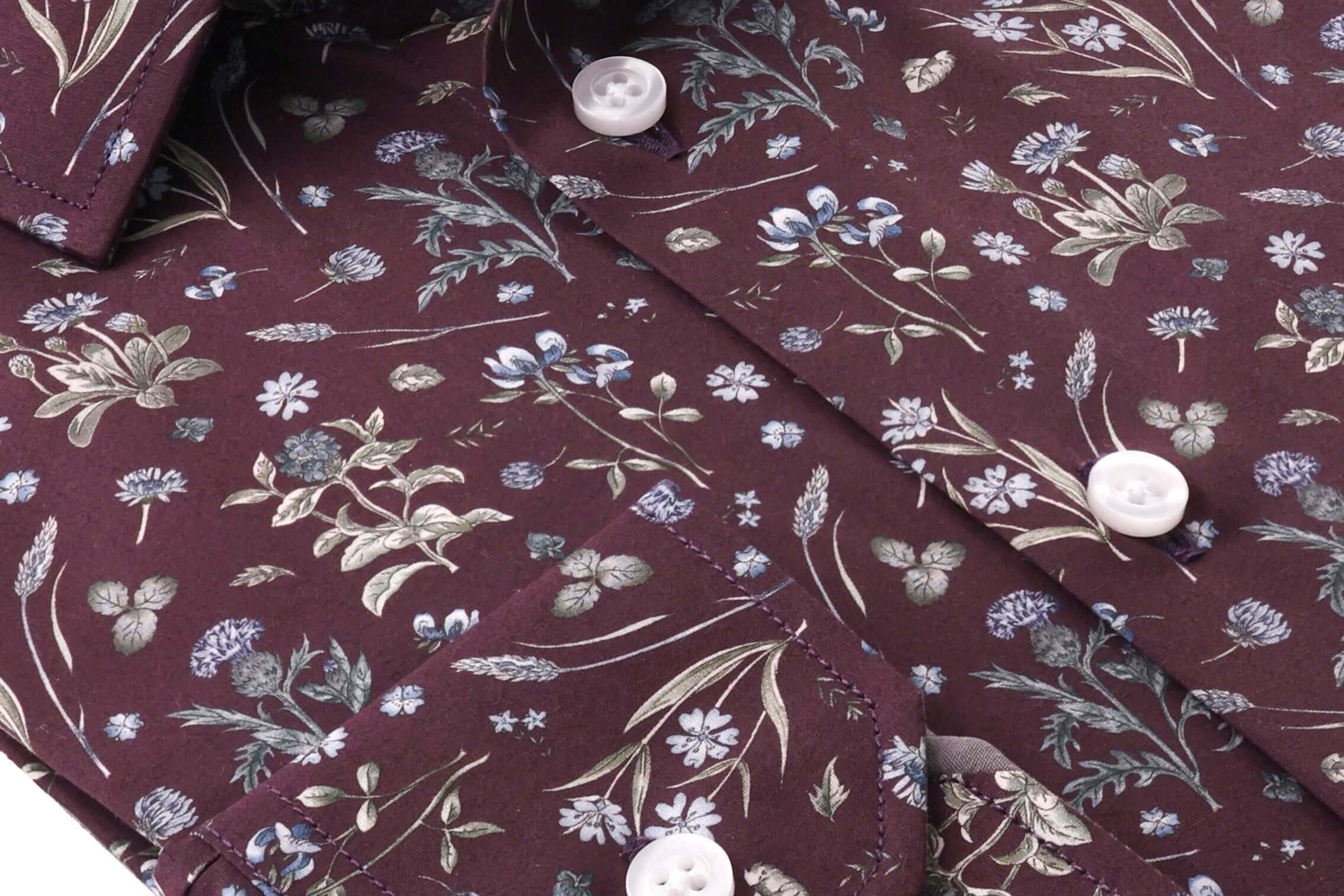 Eldridge Luxury Men's Floral Dress Shirt – Wine 100% premium cotton with deep floral print, perfect for upscale events.