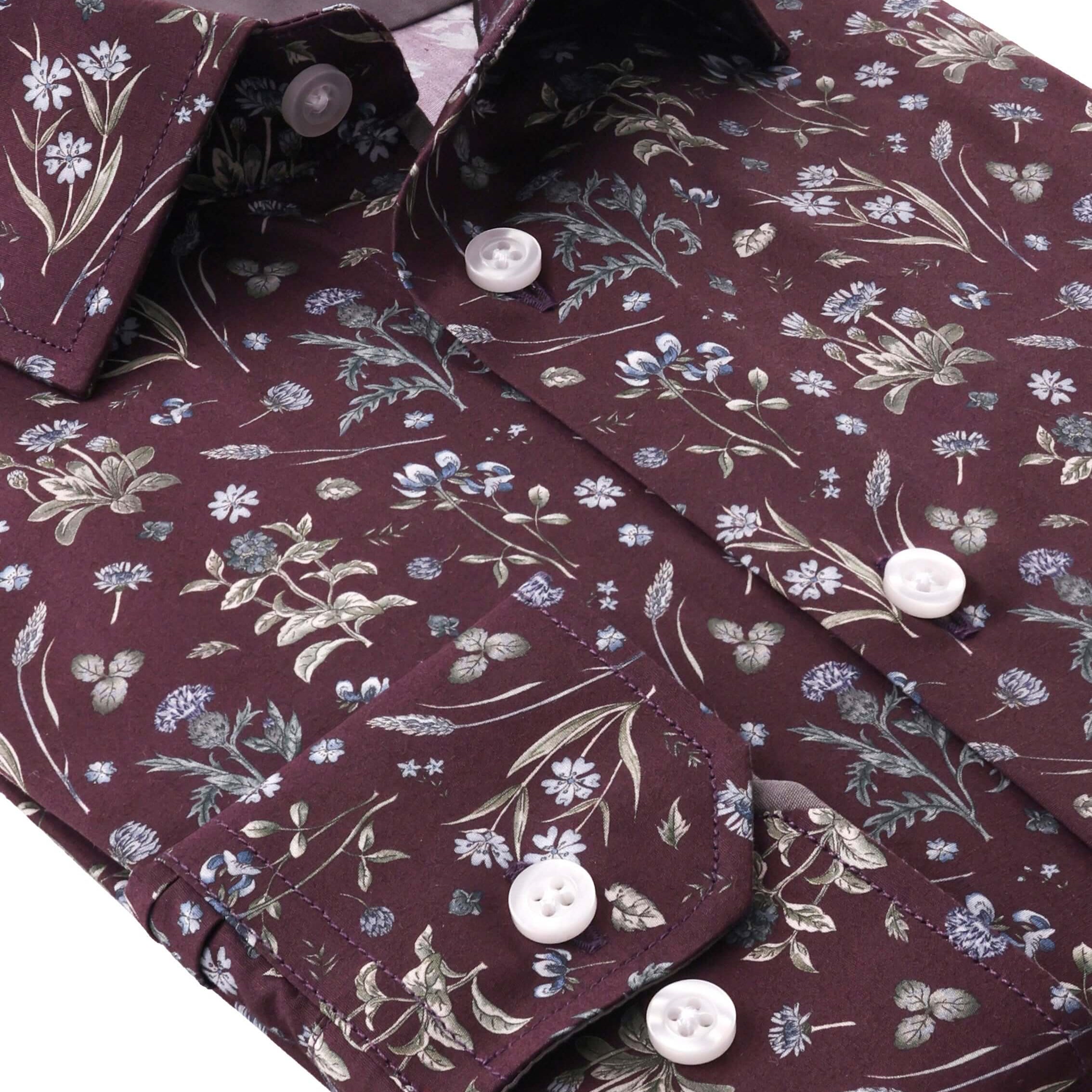 Eldridge Luxury Men's Floral Dress Shirt – Wine 100% premium cotton with deep floral print, perfect for upscale events.