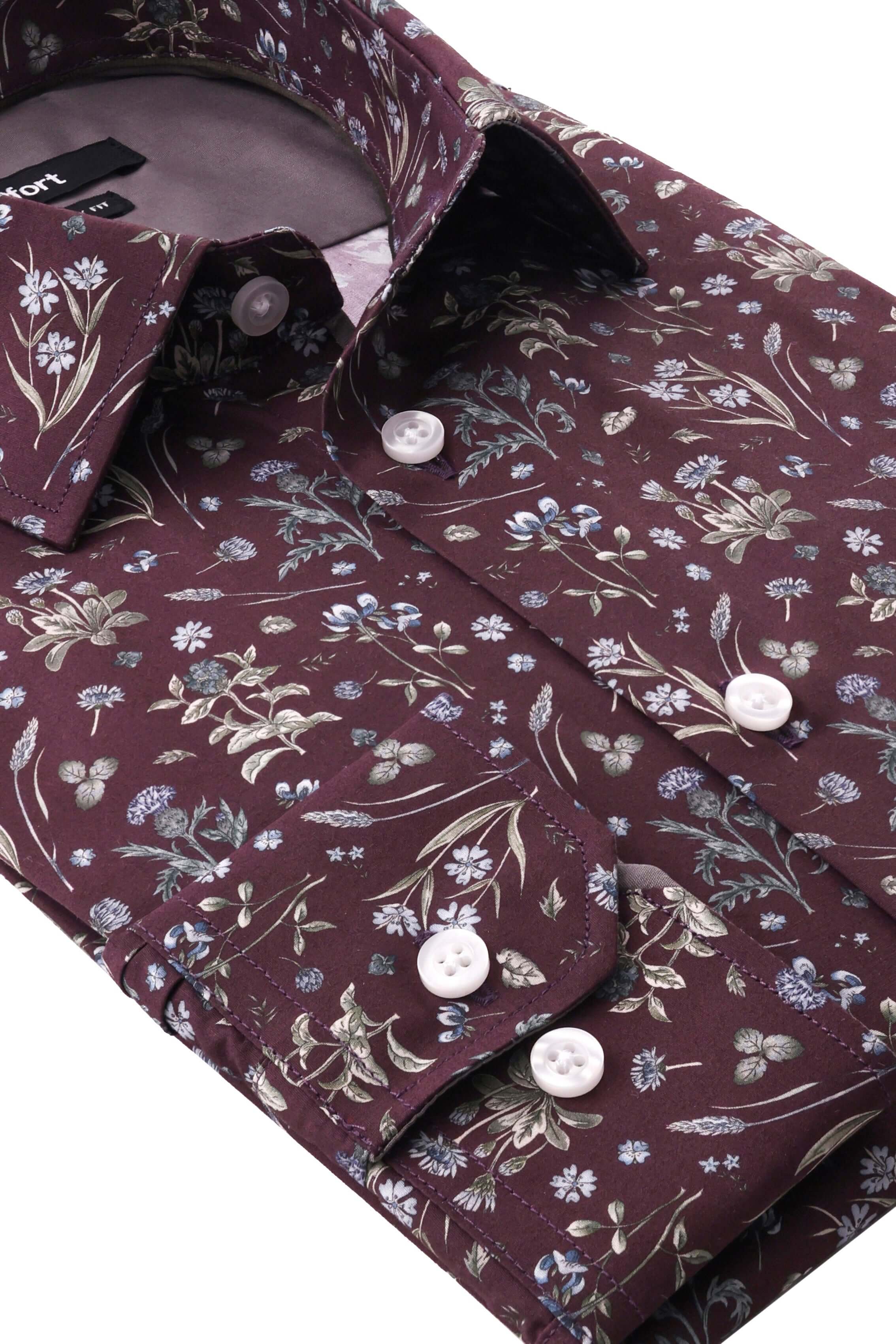 Eldridge Luxury Men's Floral Dress Shirt – Wine 100% premium cotton with deep floral print, perfect for upscale events.