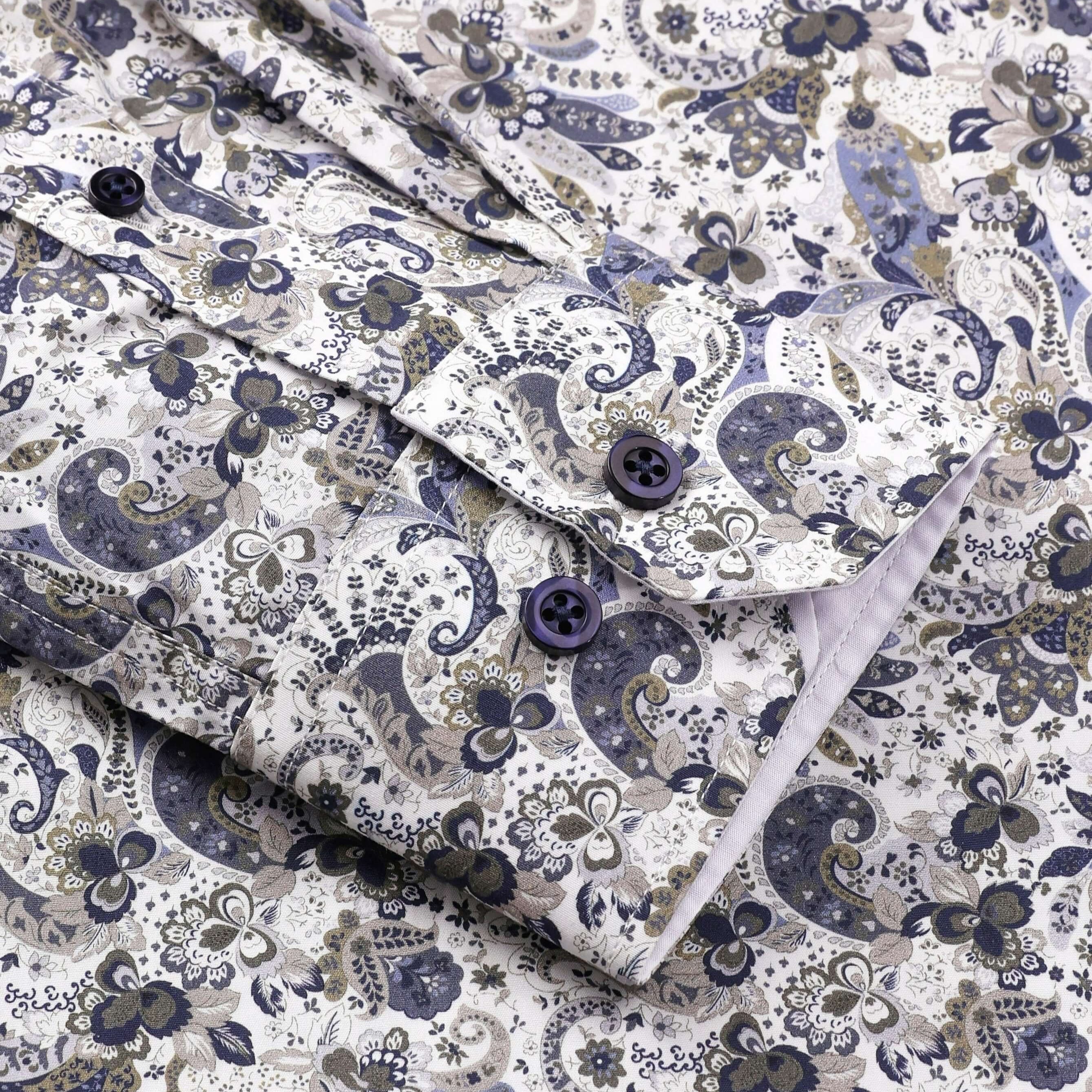 Hamilton Luxury Men's Paisley Dress Shirt – Multicolor | Treffort, detailed view of paisley print and button cuffs on cotton fabric.