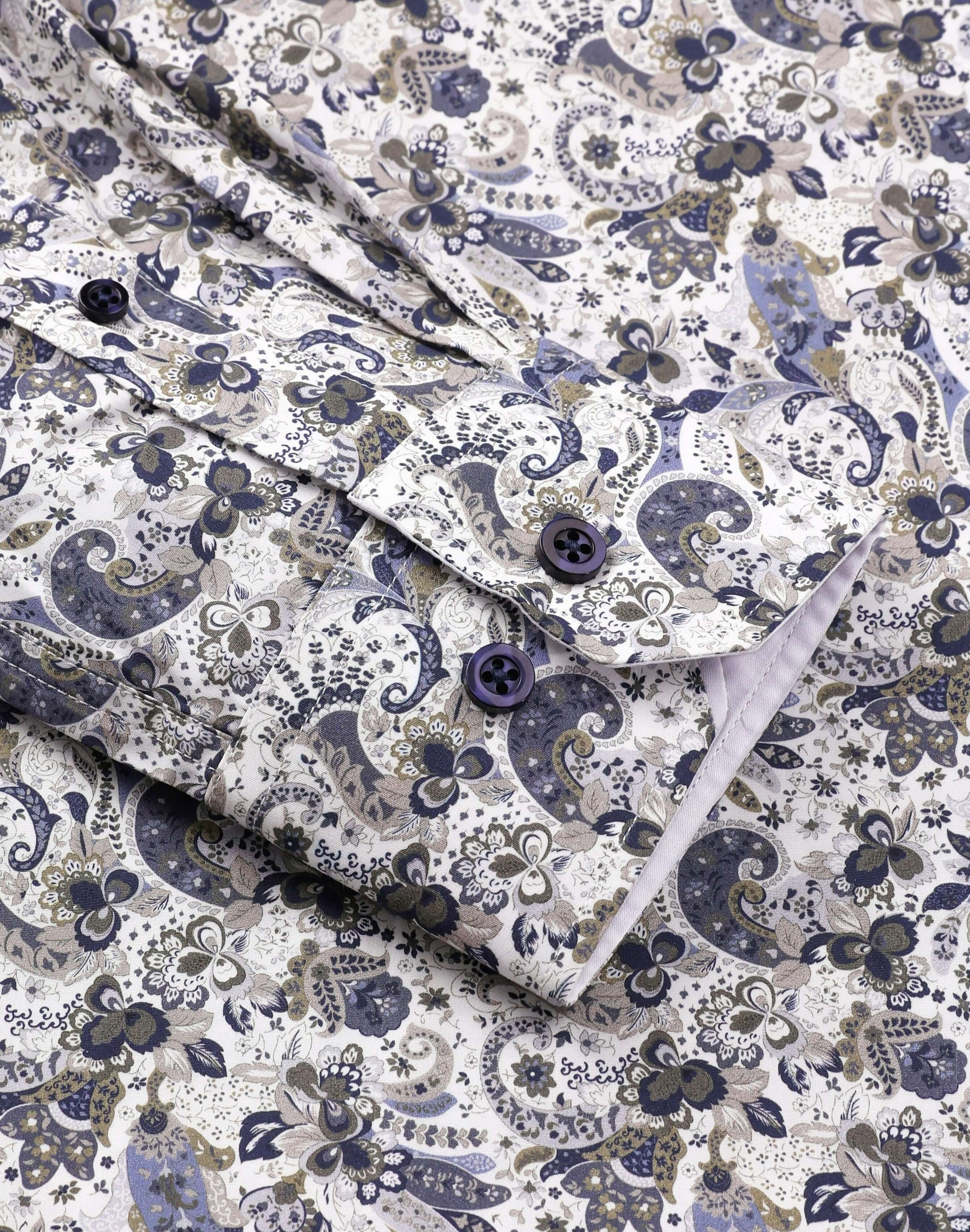 Hamilton Luxury Men's Paisley Dress Shirt – Multicolor | Treffort, detailed view of paisley print and button cuffs on cotton fabric.