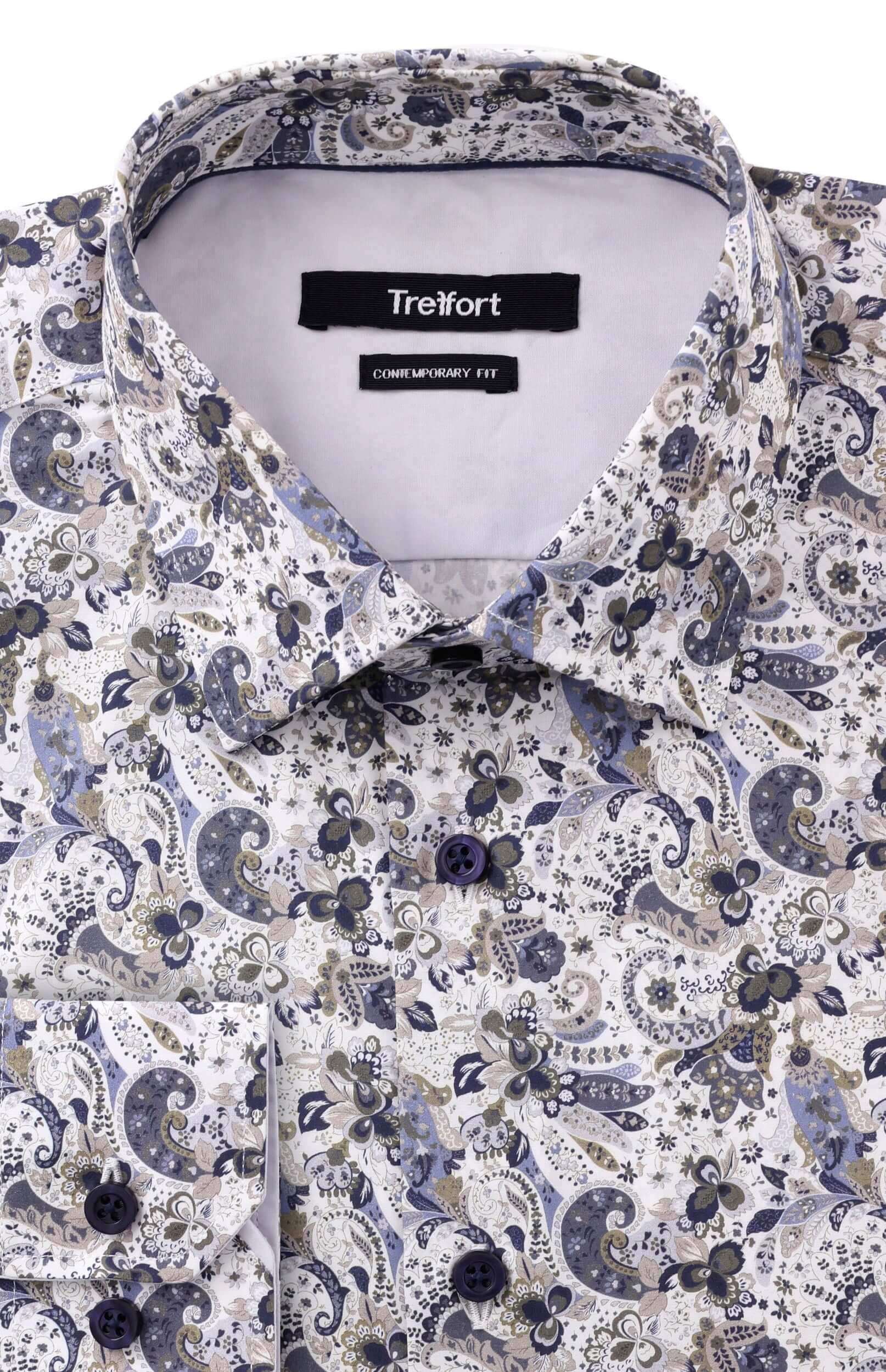 Hamilton Luxury Men's Paisley Dress Shirt – Multicolor | Treffort in close-up, showcasing its intricate paisley pattern and craftsmanship.