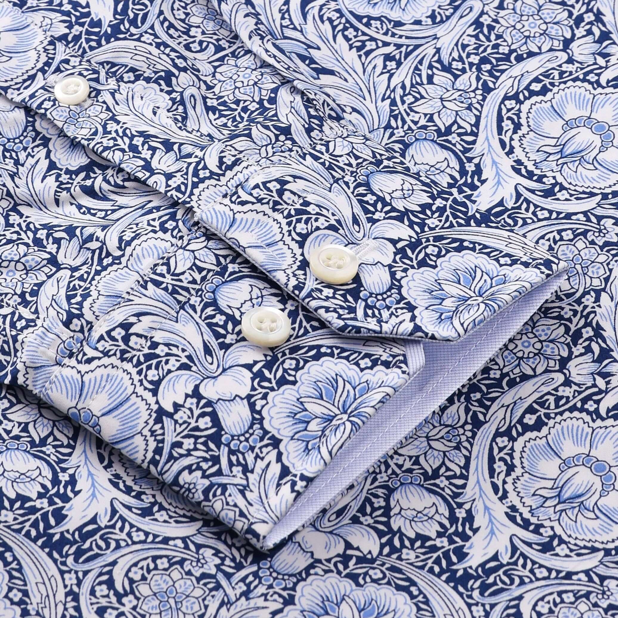 Jones Luxury Men's Victorian Floral Dress Shirt – White/Blue | Treffort featuring intricate floral patterns.