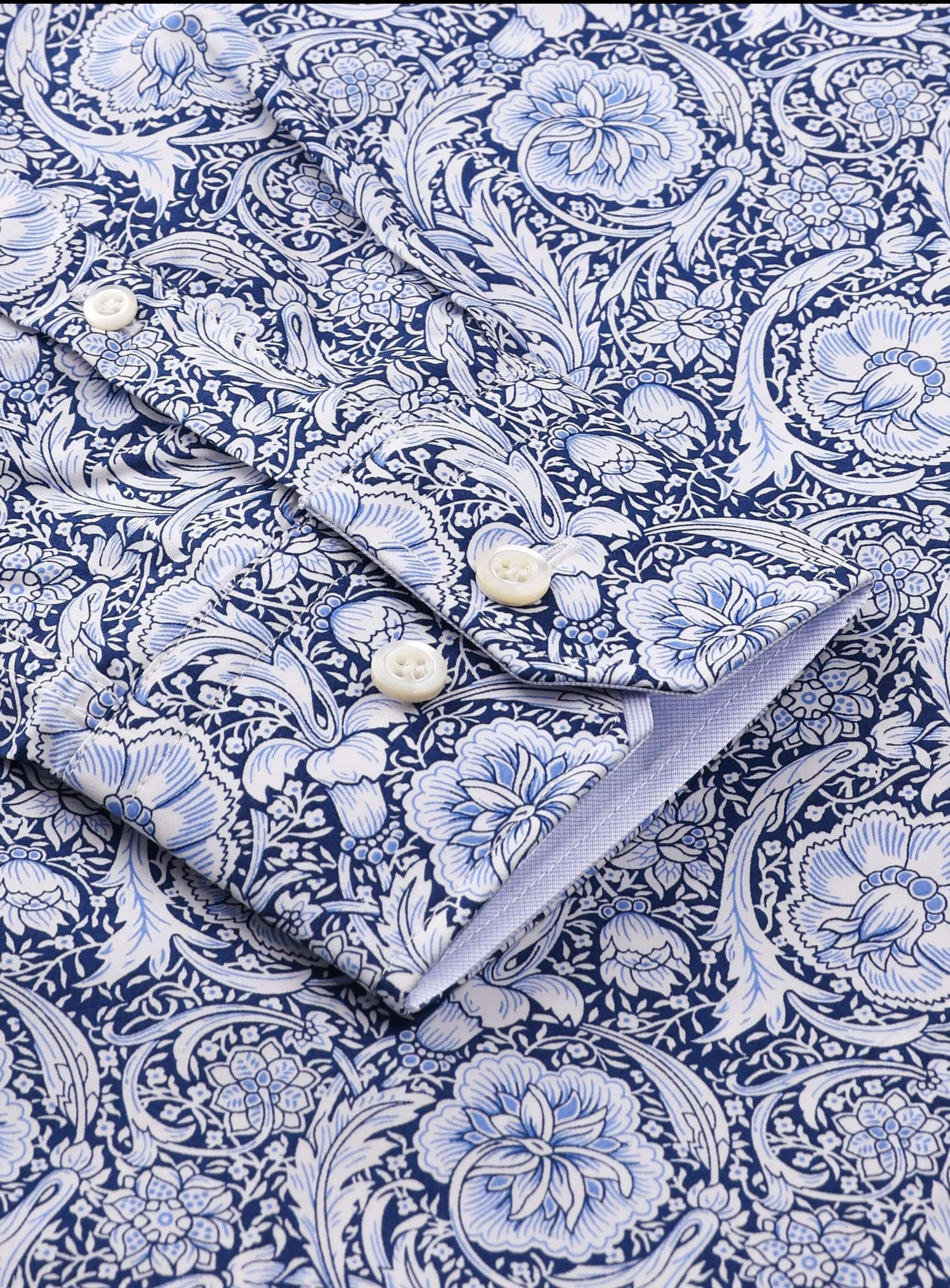 Jones Luxury Men's Victorian Floral Dress Shirt – White/Blue | Treffort featuring intricate floral patterns.