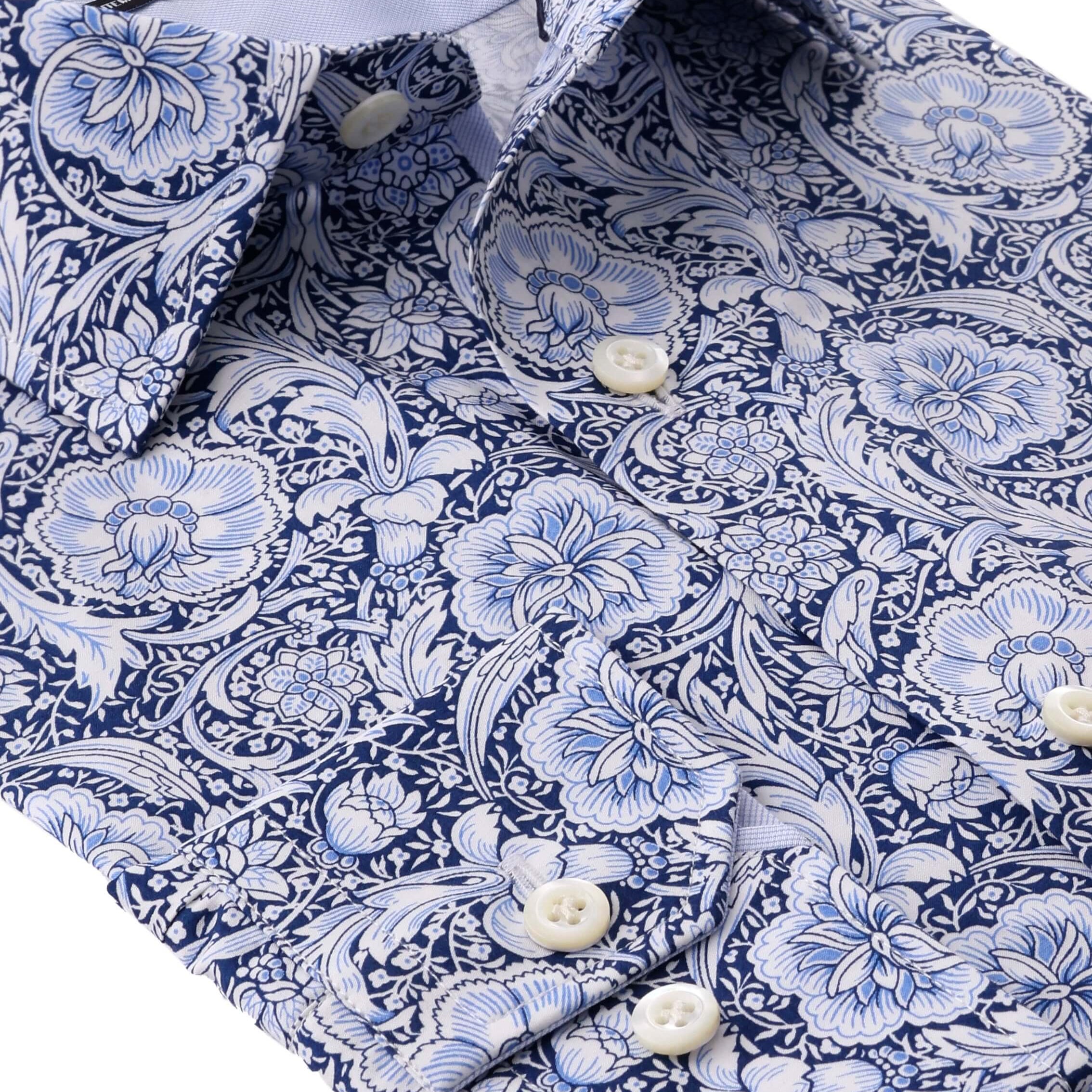 Jones Luxury Men's Victorian Floral Dress Shirt – White/Blue | Treffort with intricate floral design.