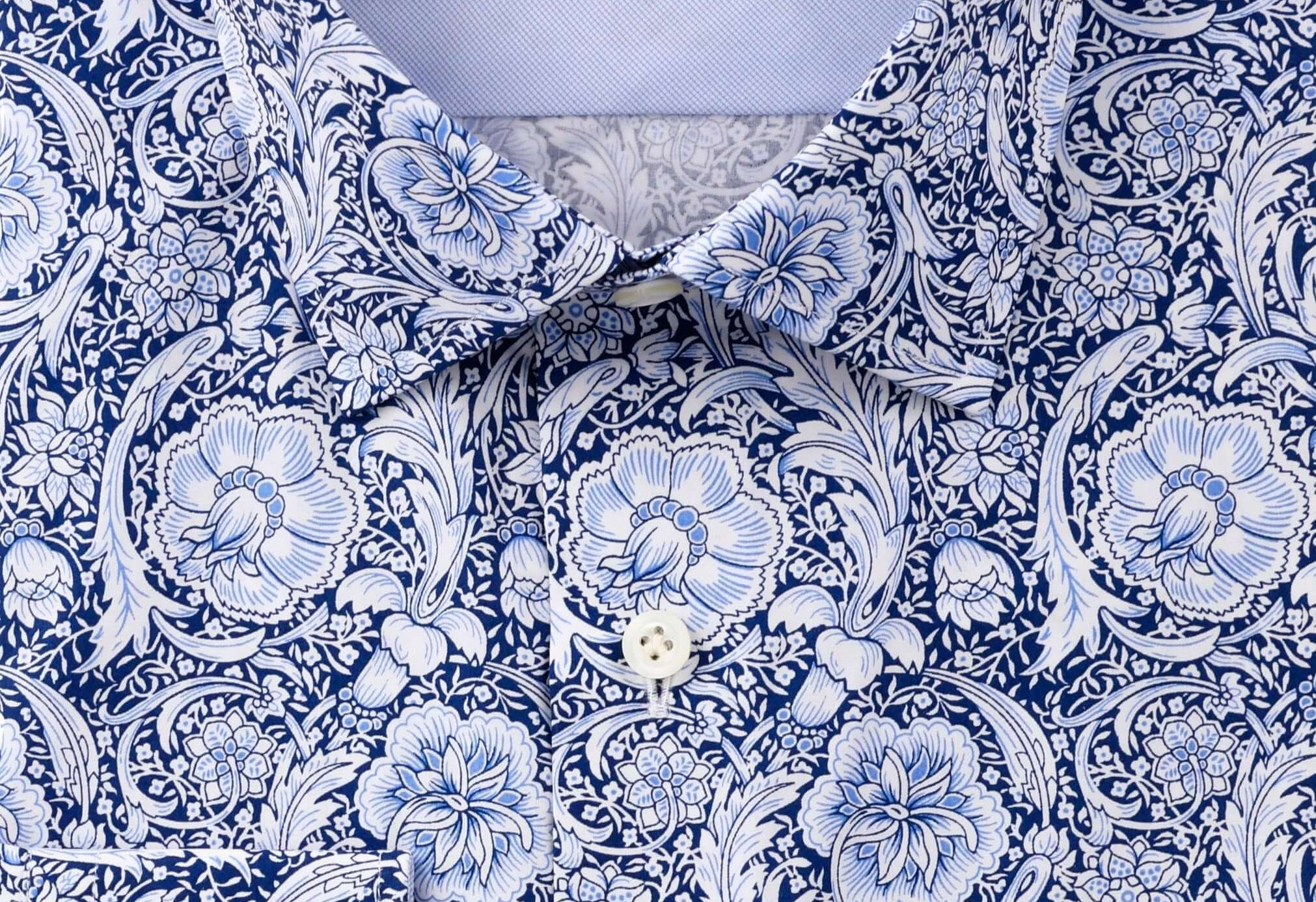 Jones Luxury Men's Victorian Floral Dress Shirt – White/Blue | Treffort, featuring intricate blue and white floral motifs.