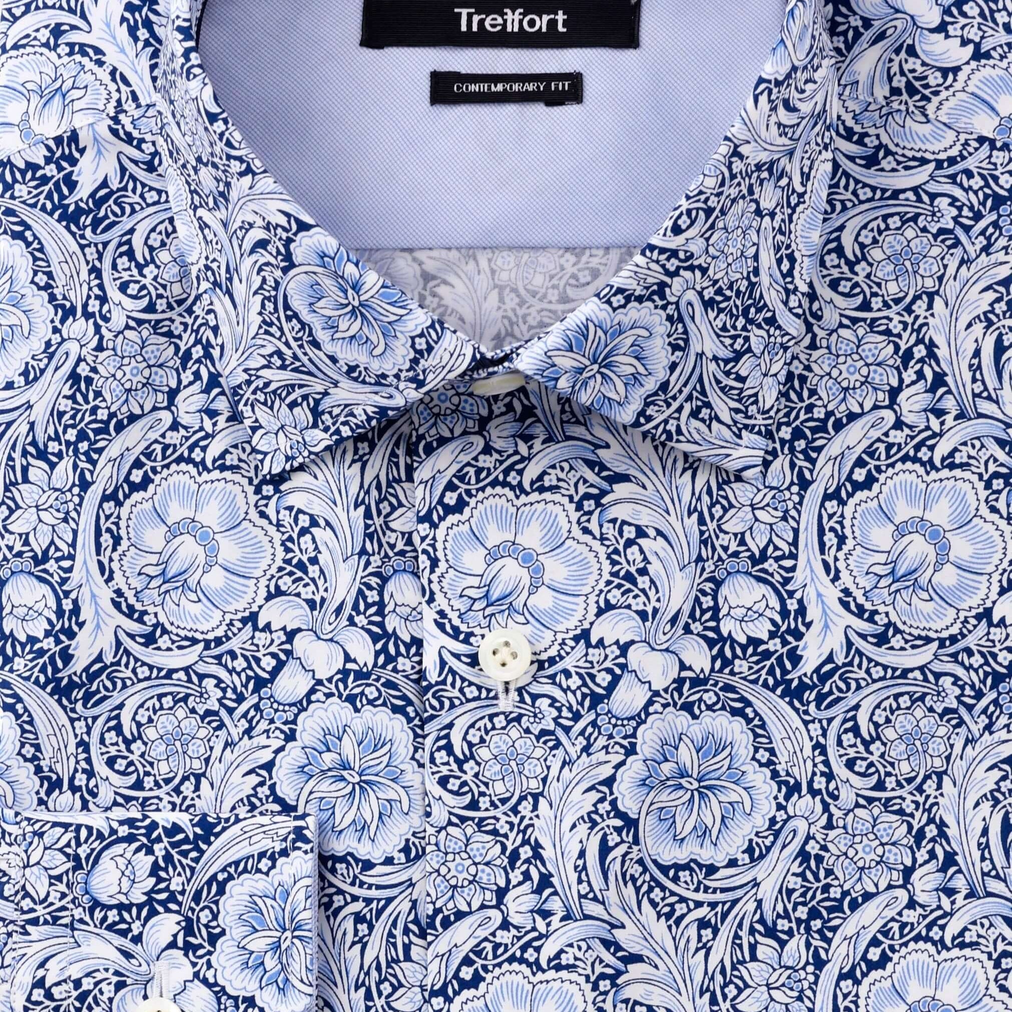 Jones Luxury Men's Victorian Floral Dress Shirt – White/Blue | Treffort, featuring intricate blue and white floral motifs.