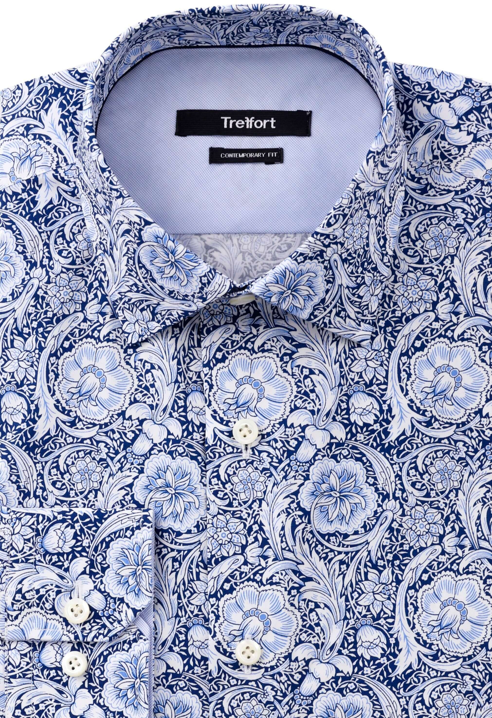 Jones Luxury Men's Victorian Floral Dress Shirt – White/Blue | Treffort, featuring intricate blue and white floral motifs.