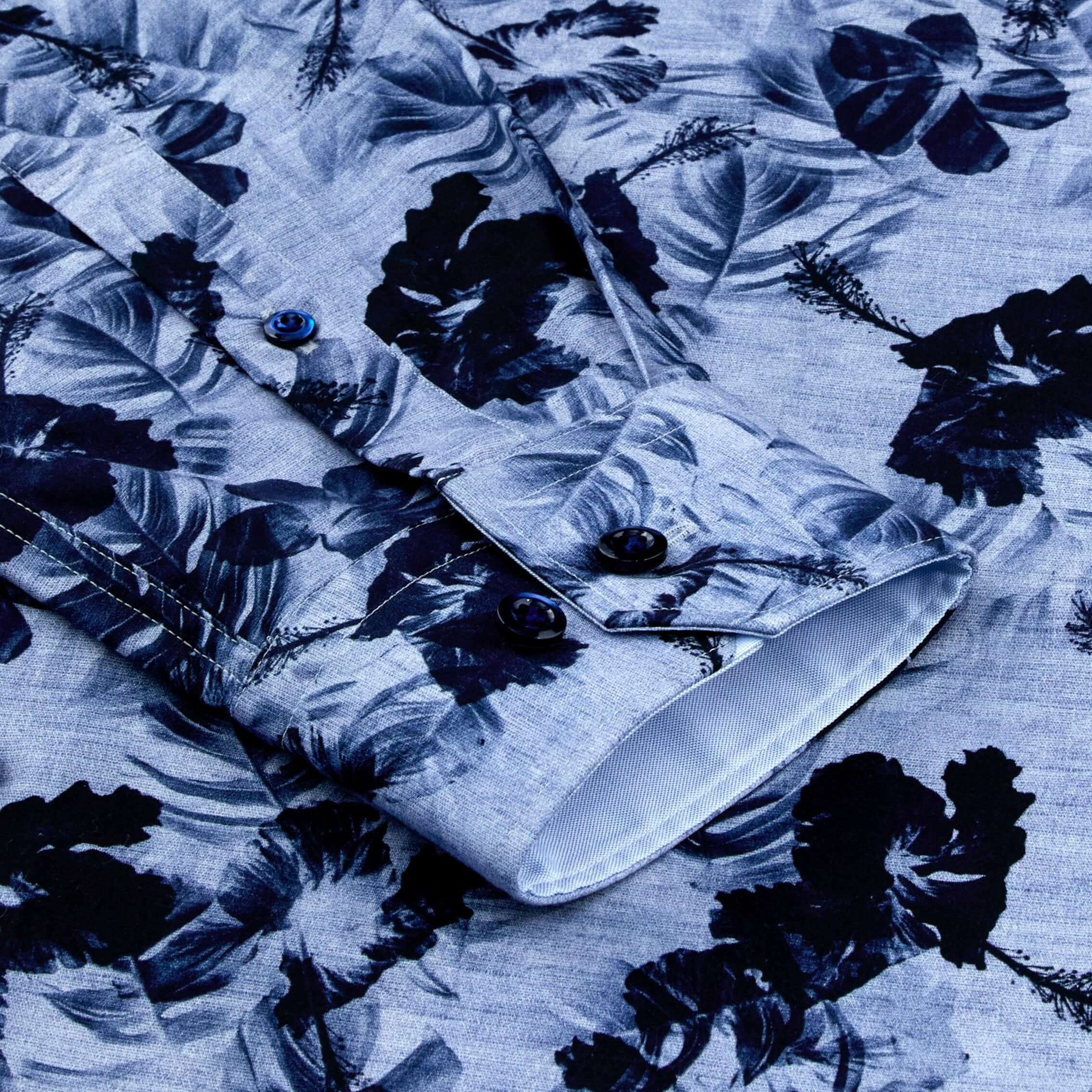 Close-up of Watermark 2 Luxury Men's Floral Dress Shirt – Multicolor | Treffort in deep blue floral pattern.