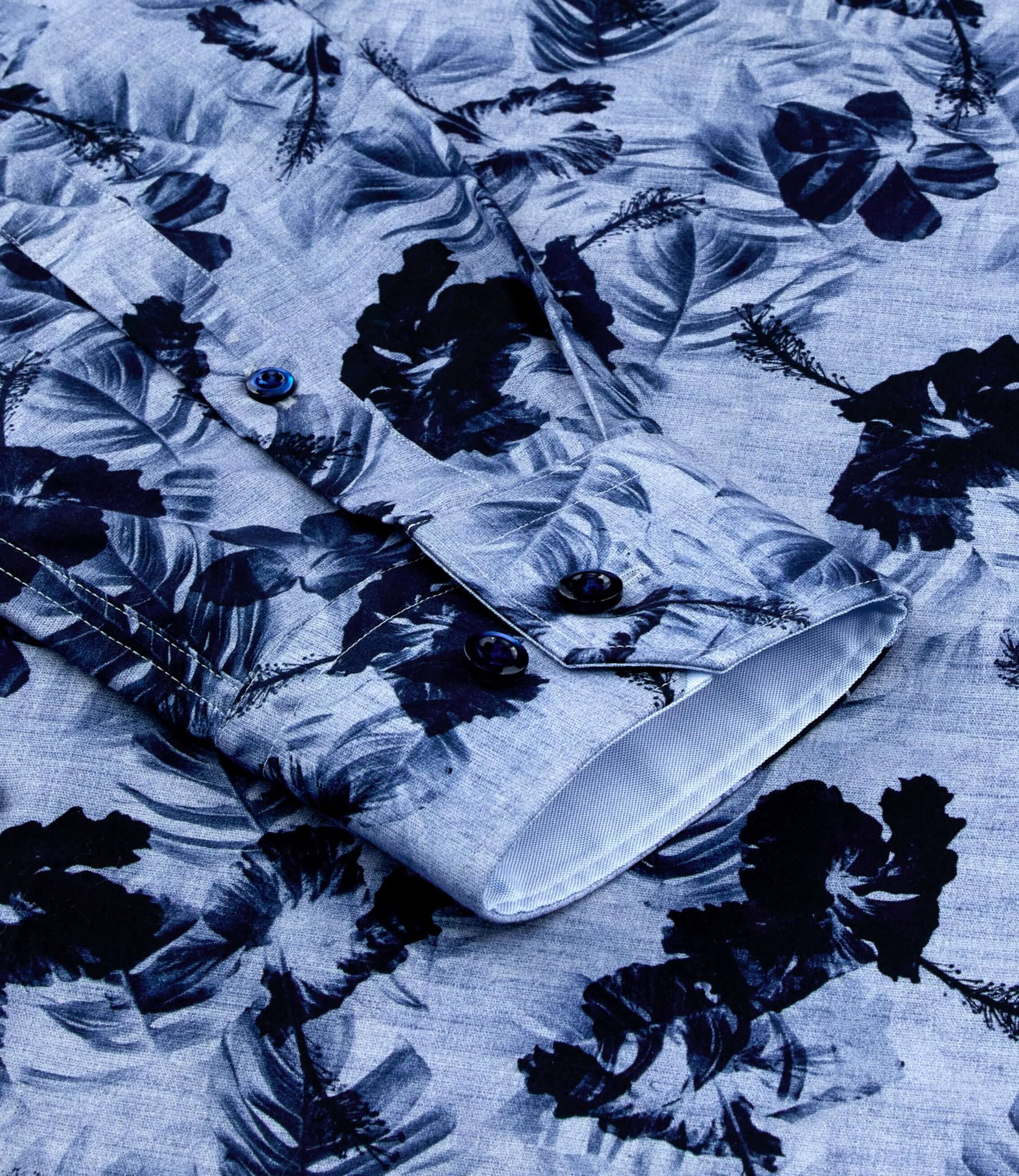 Close-up of Watermark 2 Luxury Men's Floral Dress Shirt – Multicolor | Treffort in deep blue floral pattern.