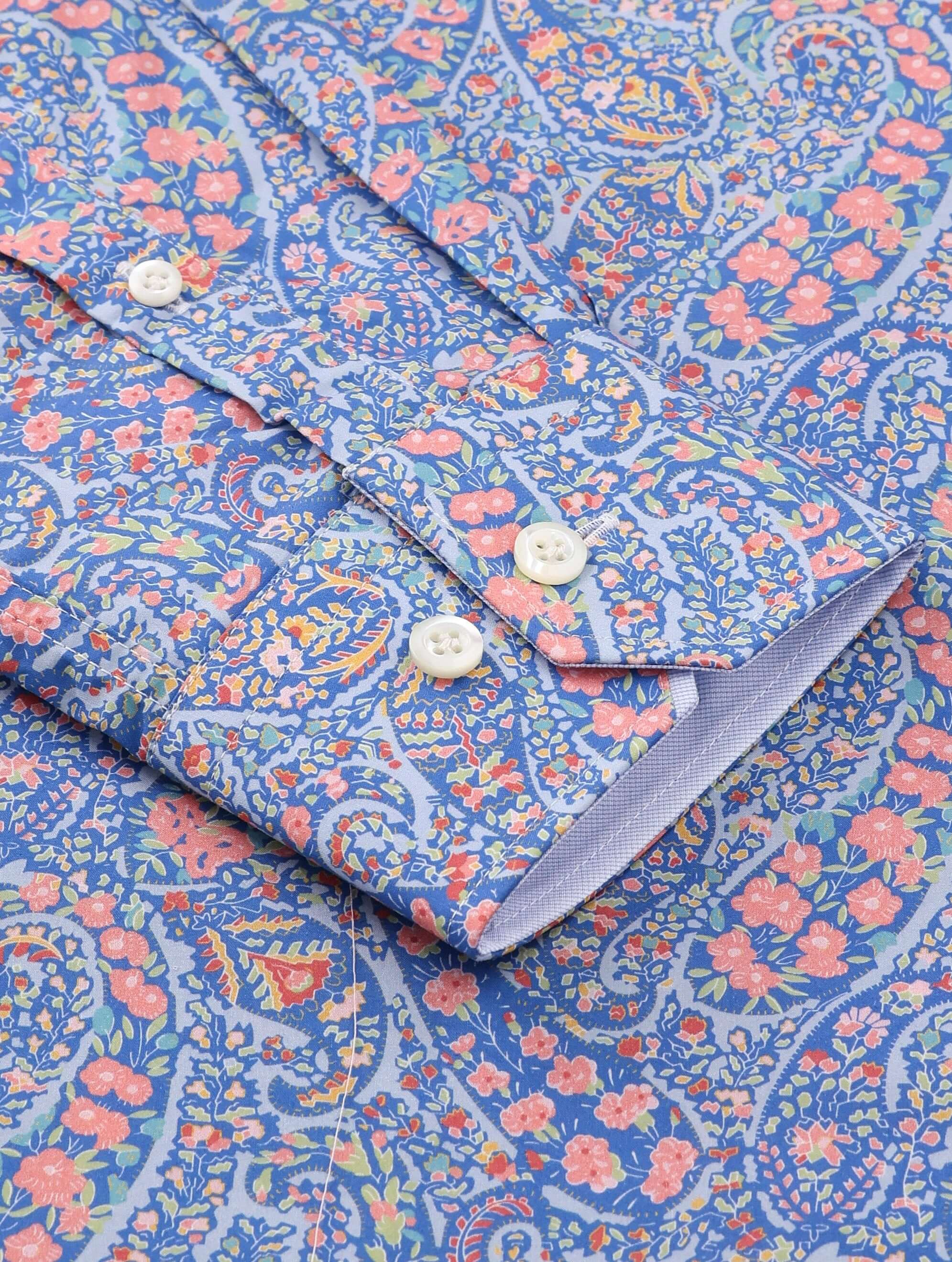 Vestry Luxury Men's Paisley Floral Dress Shirt – Multicolor by Treffort, detailed pattern close-up on premium cotton fabric.