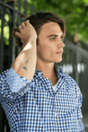 MONROE BLUE CHECKERED BUTTON DOWN DRESS SHIRT - CASUAL /FORMAL EVENT - MODEL B WEARING SHIRT