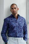 MODEL WEARING THE GROVE (NAVY) LUXURY FLORAL treffort mens SHIRT m size with casual pant