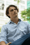 LENOX BLUE CHECKERED BUTTON DOWN DRESS SHIRT - CASUAL /FORMAL EVENT - MODEL C WEARING SHIRT