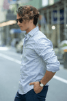 LENOX BLUE CHECKERED BUTTON DOWN DRESS SHIRT - CASUAL /FORMAL EVENT - MODEL B WEARING SHIRT
