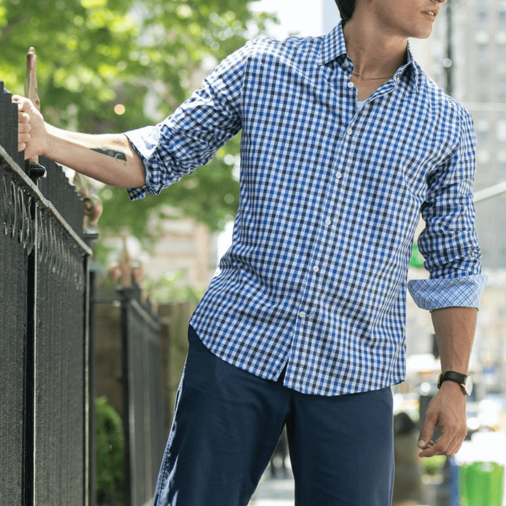 Monroe Navy Blue checkered luxury men's dress shirt – Treffort