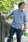 MONROE BLUE CHECKERED BUTTON DOWN DRESS SHIRT - CASUAL /FORMAL EVENT - MODEL A WEARING SHIRT