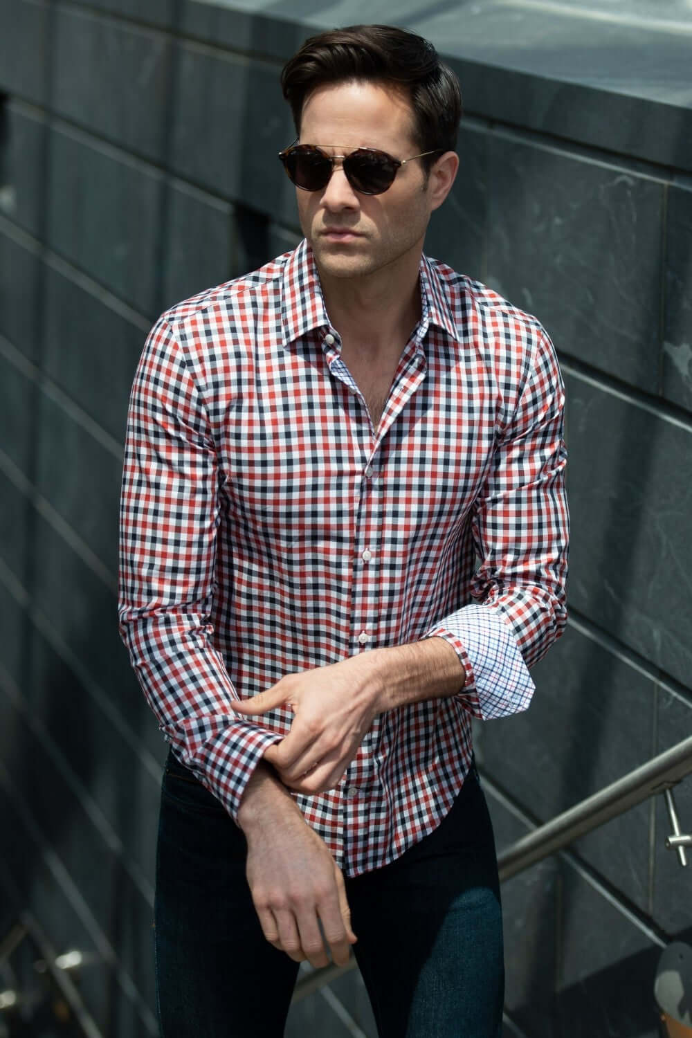 Monroe Navy Red checkered luxury men's dress shirt – Treffort