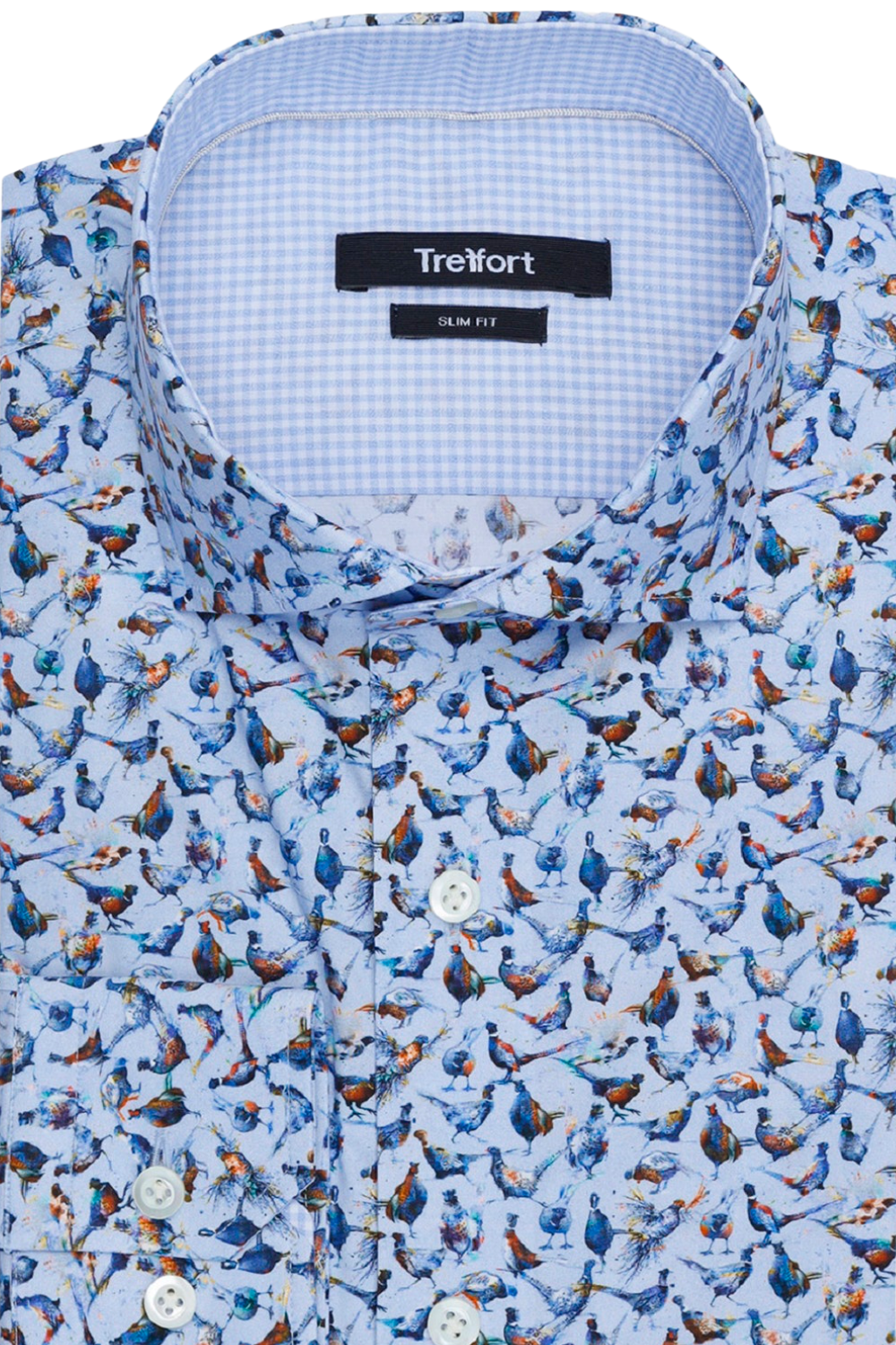 HIGH END LUXURY BLUE MULTICOLOR PHEASANT SLIM FIT DRESS SHIRT with BIRDS