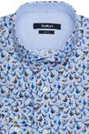 HIGH END LUXURY BLUE MULTICOLOR PHEASANT SLIM FIT DRESS SHIRT with BIRDS