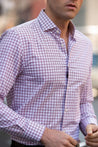 LENOX RED CHECKERED BUTTON DOWN DRESS SHIRT - CASUAL /FORMAL EVENT - MODEL A WEARING SHIRT
