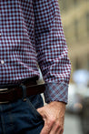 MODEL WEARING LUXURY OXBLOOD/BLUE CHECKERED WILLIAMS CONTEMPORARY REGULAR FIT BRUSHED COTTON SHIRT