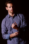 MODEL WEARING NAVY/BLUE CHECKERED WILLIAMS CONTEMPORARY REGULAR FIT BRUSHED COTTON SHIRT