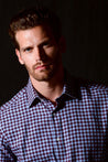 WILLIAMS BLUE CHECKERED BUTTON DOWN DRESS SHIRT - CASUAL /FORMAL EVENT - MODEL A WEARING SHIRT
