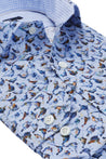 HIGH END LUXURY BLUE MULTICOLOR PHEASANT SLIM FIT DRESS SHIRT WITH ALL OVER BIRD PRINT SHIRT
