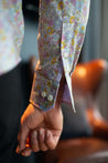 MODEL WEARING FLORAL PINK HIGH END LUXURY SLIM FIT DRESS SHIRT 