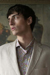 MODEL WEARING FLORAL PINK HIGH END LUXURY SLIM FIT DRESS SHIRT 