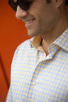 MODEL WEARING  YELLOW/BLUE CHECKERED/PLAID THAYER CONTEMPORARY REGULAR FIT DRESS SHIRT