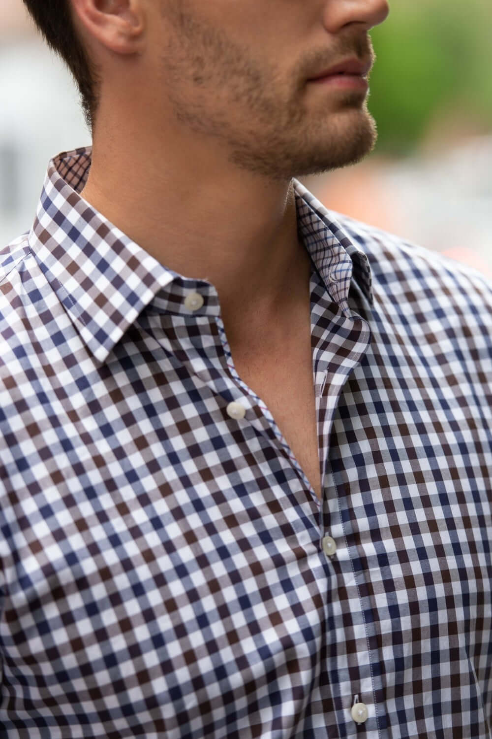 MONROE BROWN CHECKERED BUTTON DOWN DRESS SHIRT - CASUAL /FORMAL EVENT - MODEL B WEARING SHIRT
