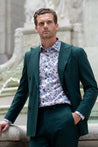 MODEL WEARING HIGH END LUXURY ROSEWOOD FLORAL PRINT CONTEMPORARY REGULAR FIT DRESS SHIRT