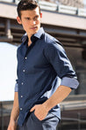 MODEL WEARING DANIELS(Navy/Blue)Shirt LUXURY GEO PRINT HIGH-END SLIM F. 100%PREM.COTTON